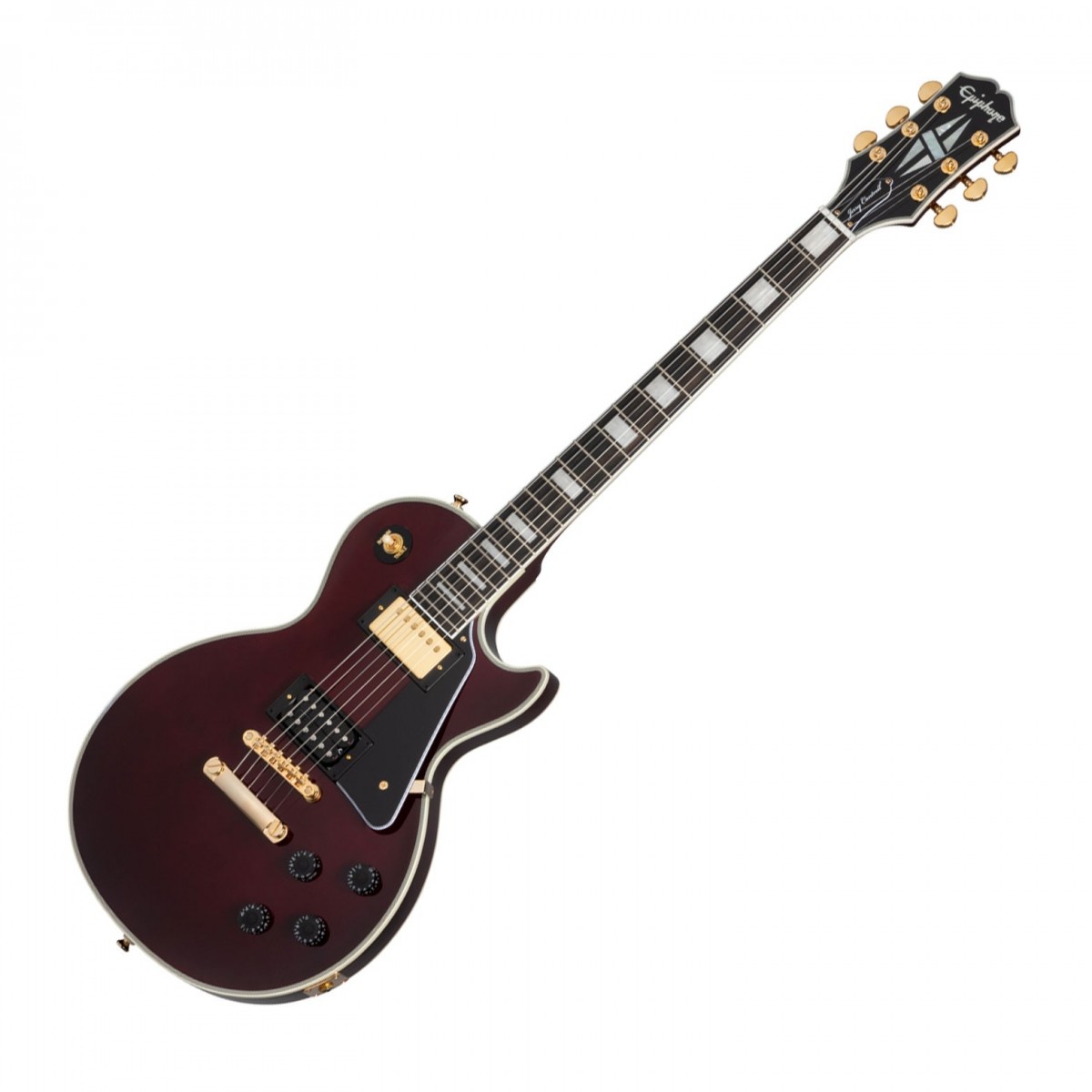 En bild på Epiphone Jerry Cantrell Wino Les Paul Custom Dark Wine Red | Epiphone Jerry Cantrell Wino Les Paul Custom är en unik gitarr inspirerad av Cantrells egna anpassade Les Paul. Den är fullmatad med läckra och unika egenskaper - från underbara toner till den vackra finishen i dark red wine - denna gitarr är designad och tillverkad med högkvalitativa komponenter med en personlig touch. Du kommer enkelt att kunna uppnå det klassiska Alice in Chains gitarrljudet och tack vare de två olika humbucking pickuperna är det ett ljud som du kommer att kunna göra till ditt eget.   Med en vanlig lönntopp och 9-håls viktavlastad mahognykropp kan du vara säker på att få en bekväm prestanda tillsammans med naturligt varma rika och livliga övertoner från tonträn som fungerar i perfekt harmoni med pickuperna. Mahognyhalsen har en greppbräda i Ebenholts vilket förbättrar spelbarheten ytterligare och kompletterar kroppens finish. Med ett extra anpassat hårdskalfodral är Epiphone JC Wino ett komplett paket.