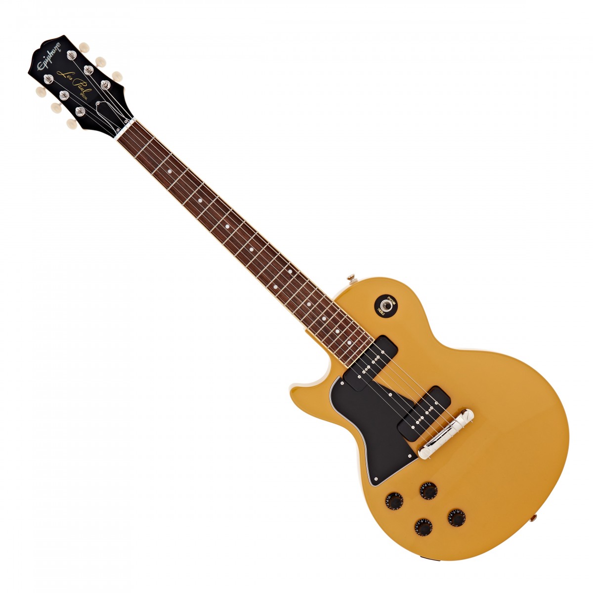 En bild på Epiphone Les Paul Special Vänsterhänt TV Yellow | Epiphone Les Paul Special Vänsterhänt lyckas återigen få fram rockljudet från 50-talets Gibson Les Paul Special. Det är en tidlös gåva som fortsätter att ge. Det är något med 50-talsrocken som bara får dig att sitta upp och lyssna oavsett om det är den söta och slanka ton från P-90-pickuperna eller den distinkta eleganta stilen. Epiphone satte sig för att återskapa denna underbart nostalgiska aura med denna modell som levererar kraftackord med ångande attack och låter riffs bedöva alla som vågar lyssna. Kräv uppmärksamhet och behåll den.  Praktiskt och stilrent. Med den traditionella single-cutaway för högre greppåtkomst utmärkt hållbarhet i mahognyhalsen och kroppen och snabb spelbarhet på den indiska lagerbrädan - det är svårt att hitta en anledning att inte älska det här instrumentet. Hör din signatur skrika från P-90 PRO Soap Bar enkelspoliga pickuper. Avsluta allt detta med den iögonfallande klassiska TV yellow färgen och ett överkomligt pris och det här kan mycket väl vara den mest elektrifierande elgitarren någonsin. Bli ikonisk.