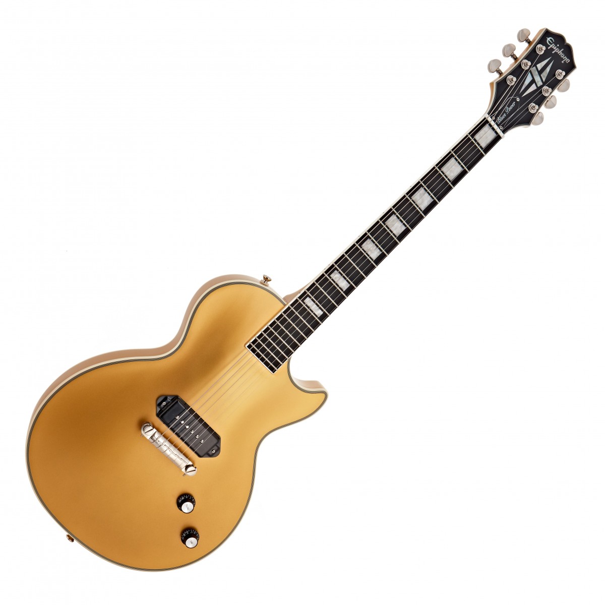 En bild på Epiphone Jared James Nichols Gold | Epiphone Jared James Nichols tar den ikoniska skapelsen och ger den ännu mer bett. Detta är den ultimata hyllningen till gitarrtillverkningens guldålder. Tack vare sin unika P90-pickup får du en röst som perfekt rymmer bluesrockgenren som Nichols är känd för. Dess pickup säkerställer också att denna modell kan rymma en mängd olika genrer. Utforska djupa tonala texturer från en humbucker med ljusstyrkan hos en enkelspole. Allt på en modern 50-tals C-hals för förbättrad komfort och en mahognykropp som sjunger med sustain. Det är långt ifrån allt du får dock. Gitarrens struktur har utformats för att säkerställa att du alltid känner dig bekväm när du spelar. Den eleganta mahognyhalsen tillsammans med greppbrädan i Ebenholts erbjuder en slät yta och ser till att när du glider med handen längs materialet känns det mjukt och naturligt. Dess släta design möjliggör också fartfyllt spel när din hand snabbt dansar från band till band utan friktion. Du kommer att se bra ut medan du gör det också eftersom den dubbla vintage -åldrade finishen i gold är en riktig framstående.