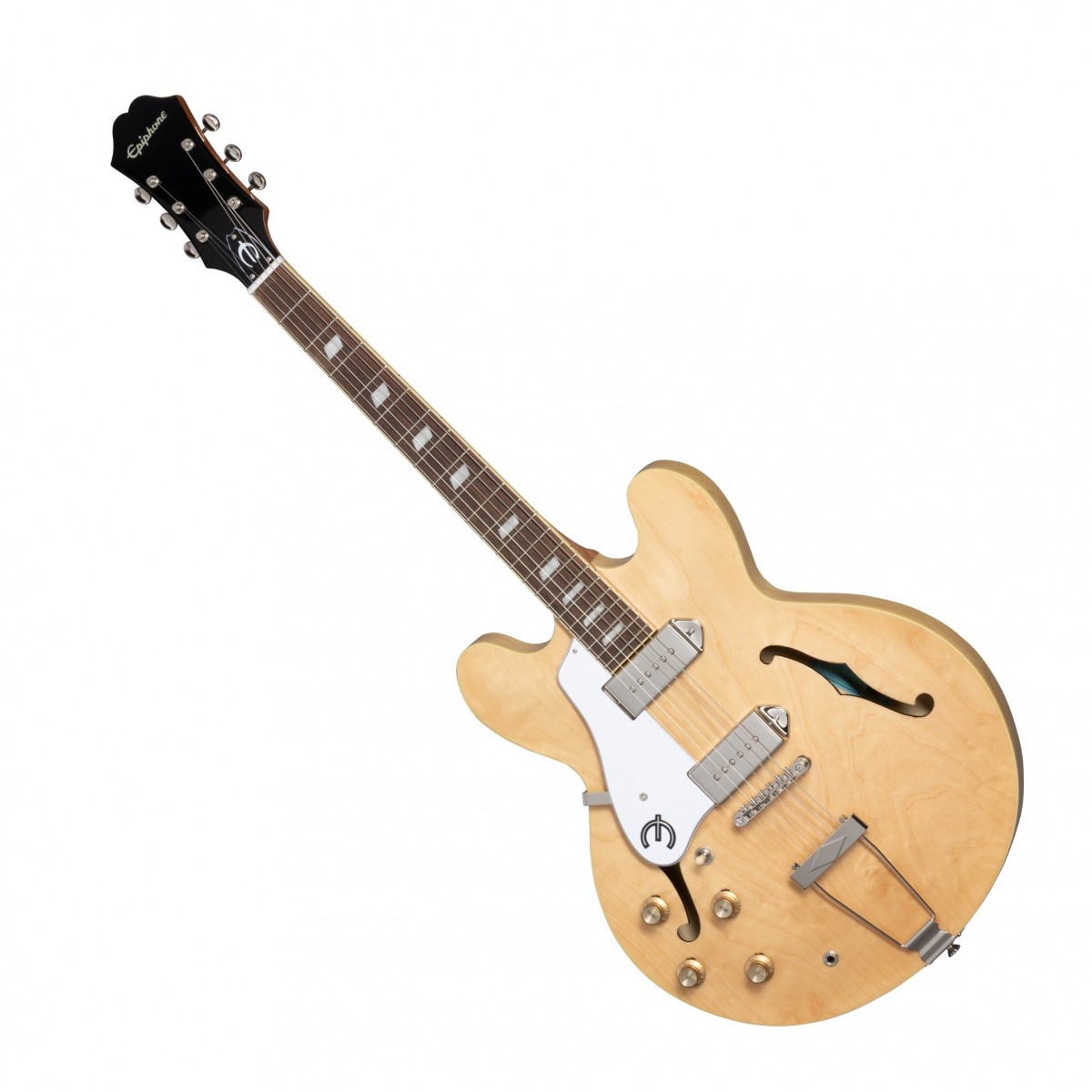 En bild på Epiphone Casino Vänsterhänt Natural (2023) | Epiphone Casino Vänsterhänt (2023) är en gitarr som kombinerar klassisk design med moderna funktioner för att leverera ett mångsidigt och ikoniskt ljud. Sedan 1961 har den varit Epiphones bästsäljande archtop och en rock n roll standard. Från Keith Richards från The Rolling Stones till George Harrison och John Lennon från The Beatles gitarren har varit inblandad i någon av tidernas mest legendariska musik. Dess Dogear PRO P-90 pickuper skapar en varm vintage-ton som poppar med slagkraftighet och djup.  Den bekväma spelbarheten hos den smala avsmalnande 60s C-profil mahognyhalsen indisk lagergreppbräda och 22 band gör att du kan spela i timmar utan obehag. En Graph Tech sadel och Epiphone Vintage Deluxe stämskruvar håller din gitarr i trim med lätthet. Dessutom erbjuder LockTone Tune-O-Matic stallet Diamond Trapeze-stjärtstycket gold Top Hattknoppar med silver och premium väska överlägsen hållbarhet och skydd.
