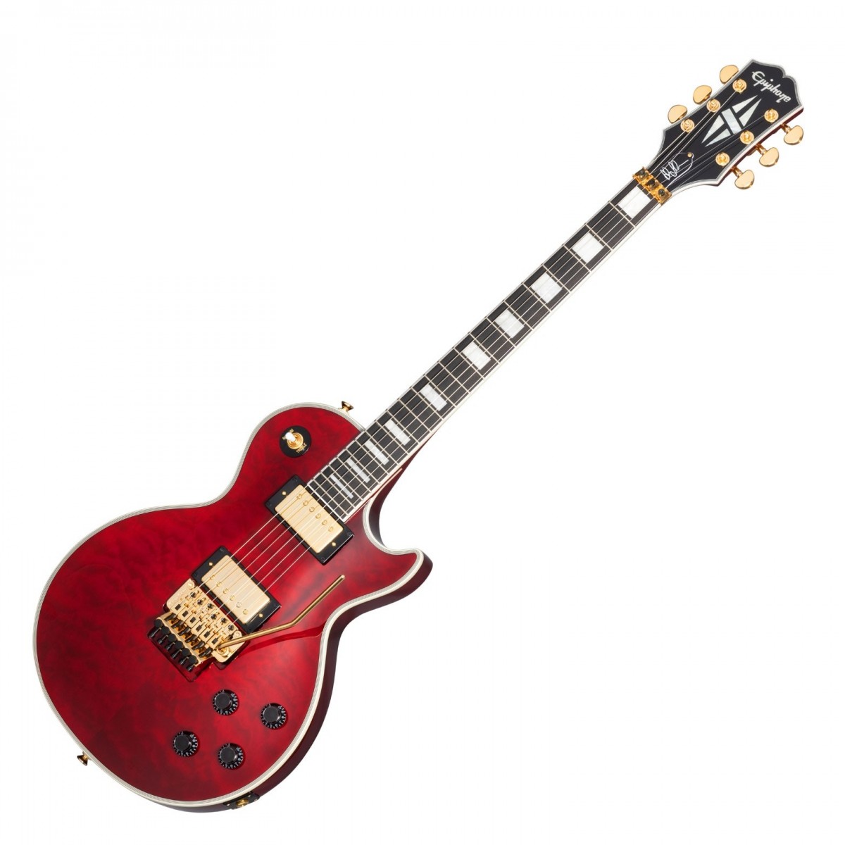 En bild på Epiphone Alex Lifeson Les Paul Custom Axcess Quilt Ruby | Epiphone Alex Lifeson Les Paul Custom Axcess Quilt är ett helt fantastiskt högpresterande instrument. Resultatet av ett intensivt samarbete mellan Epiphone och Alex Lifeson gitarrist i det legendariska prog-rockbandet Rush omdefinierar gränserna för en traditionell Les Paul med moderna funktioner och förbättrad spelbarhet. Med ett klassledande Floyd Rose 1000 tremolo-system utför du vågade pitchböjningar och vågiga vibratos utan minsta glidning. Pickuperna Ceramic Pro och ProBucker 3 sjunger med raffinerade Les Paul-toner för att ge energi till din musik. De åtföljs av spoledelning och fasbrytaralternativ för att öppna upp en enorm sonisk palett så var kreativ!  Men det är inte bara ljudet som kommer att blåsa bort dig för mahognykroppen har en häftig AAAA täcke i lönnfanér som kommer att vara i centrum för uppmärksamheten vid alla spelningar. Det accentueras med en flerskiktsbindning på toppen och gitarrhuvuden samt enkelskiktsbindning på greppbrädan för en finish som din publik sent kommer att glömma. Och även om det ser otroligt ut spelar det ännu bättre! Mahognyhalsen har en rundad profil med en greppbräda i ebenholts för utmärkt spelkomfort och hållbarhet. Om du letar efter en Les Paul med stil tjusning och en mängd brännande toner borde detta stå högst upp på din lista!