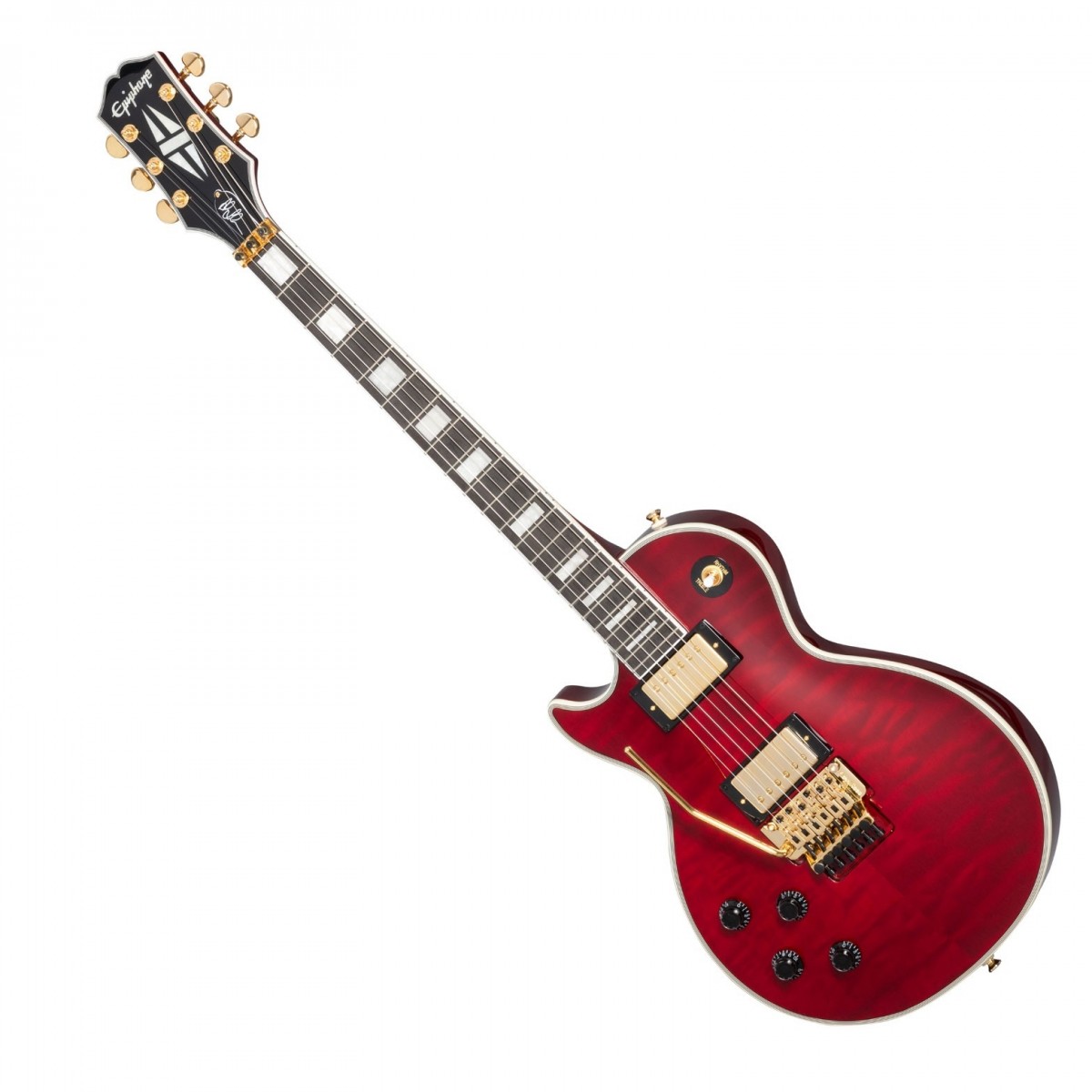 En bild på Epiphone Alex Lifeson Les Paul Custom Axcess Quilt Vänsterhänt Ruby | Epiphone Alex Lifeson Les Paul Custom Axcess Quilt Vänsterhänt är ett helt fantastiskt högpresterande instrument. Resultatet av ett intensivt samarbete mellan Epiphone och Alex Lifeson gitarrist i det legendariska prog-rockbandet Rush omdefinierar gränserna för en traditionell Les Paul med moderna funktioner och förbättrad spelbarhet. Med ett klassledande Floyd Rose 1000 tremolo-system utför du vågade pitchböjningar och vågiga vibratos utan minsta glidning. Pickuperna Ceramic Pro och ProBucker 3 sjunger med raffinerade Les Paul-toner för att ge energi till din musik. De åtföljs av spoledelning och fasbrytaralternativ för att öppna upp en enorm sonisk palett så var kreativ!  Men det är inte bara ljudet som kommer att blåsa bort dig för mahognykroppen har en häftig AAAA täcke i lönnfanér som kommer att vara i centrum för uppmärksamheten vid alla spelningar. Det accentueras med en flerskiktsbindning på toppen och gitarrhuvuden samt enkelskiktsbindning på greppbrädan för en finish som din publik sent kommer att glömma. Och även om det ser otroligt ut spelar det ännu bättre! Mahognyhalsen har en rundad profil med en greppbräda i ebenholts för utmärkt spelkomfort och hållbarhet. Om du letar efter en Les Paul med stil tjusning och en mängd brännande toner borde detta stå högst upp på din lista!