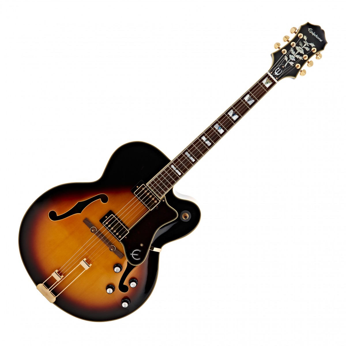 En bild på Epiphone Broadway Vintage Sunburst (2023) | Epiphone Broadway är en mångsidig hollowbody jazzgitarr som har varit en klassiker i över 70 år. Denna modell är utrustad med en duo av Alnico Classic PRO humbuckers som är utformade för att leverera exceptionell kvalitet. Dessa pickuper är designade för att fånga nyanserna i ditt spelande och levererar en röst som är rik uttrycksfull och full av karaktär. Förutom humbuckers är Broadway utrustad med två volym- och två tonkontroller vilket säkerställer att du kan justera din ljudutgång till din exakta specifikation. Med denna nivå av kontroll kan du verkligen göra den här gitarren till din egen och skapa ett unikt ljud som skiljer dig från resten.  Med en kropp i lagrad lönn och utvalt material i gran levererar denna Epiphone rika tonkvaliteter som resonerar djupt hos alla publik. Med premium tuners och en bländande gold ser den här gitarren lika vacker ut som den låter. Dessutom har Broadway enastående spelbarhet tack vare sin smala avsmalnande 60-tals C-halsprofil och indiska lagerbräda. De tjugo banden prydda med inlägg av pearl och abaloneblock bidrar till dess ansträngningsfria prestanda vilket gör att du enkelt kan röra dig över greppbrädan. Gör dig redo att inta scenen och stjäla showen med Epiphone Broadway - det perfekta instrumentet för musiker som vill styla och låta som en sann stjärna.