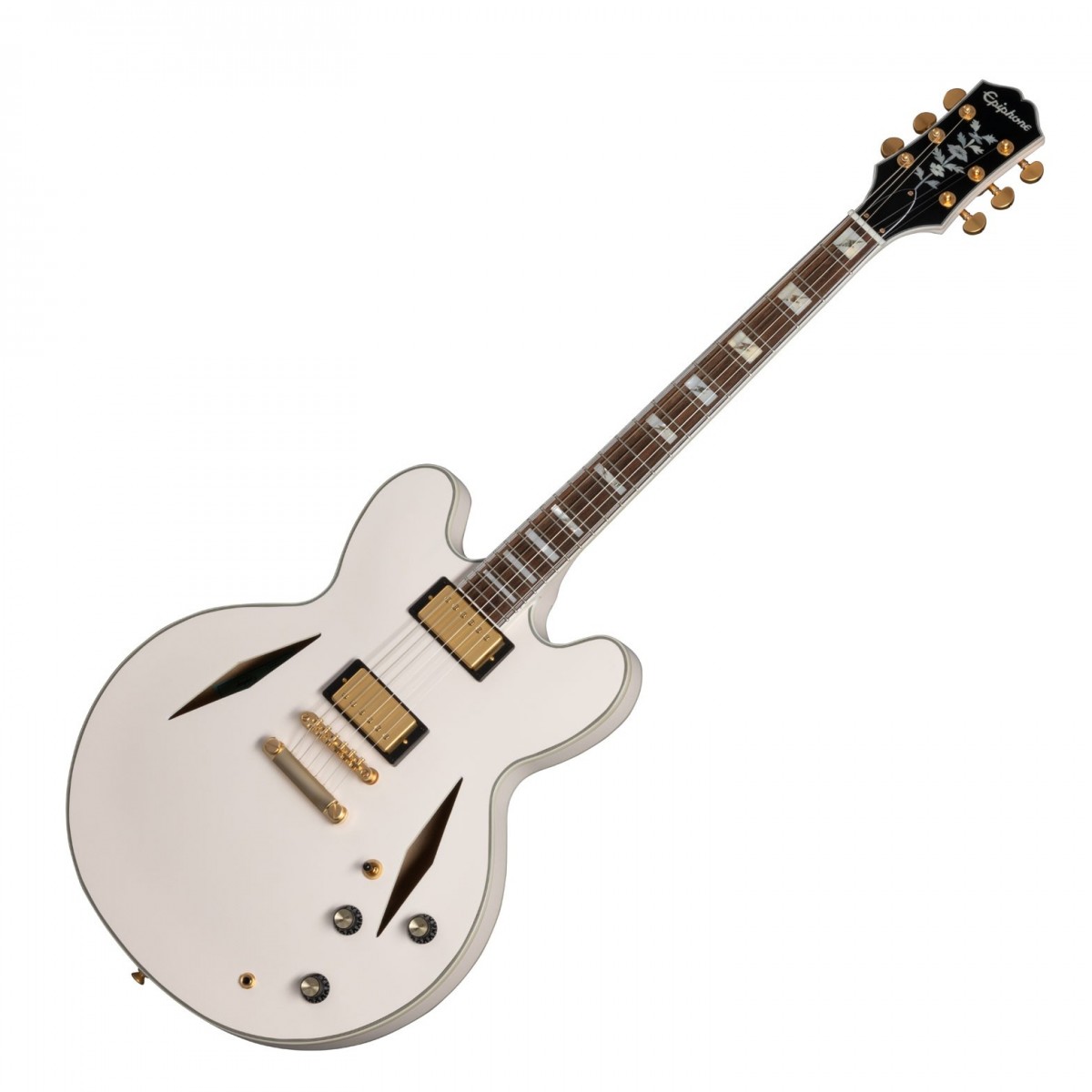 En bild på Epiphone Emily Wolfe “White Wolfe” Sheraton Aged Bone White | Epiphone Emily Wolfe 'Vit Wolfe' Sheraton är en extraordinär gitarr som representerar toppen av modern gitarrdesign och teknik. Varje detalj har noggrant utformats för att säkerställa att detta instrument ger en verkligt exceptionell spelupplevelse från den indiska lagerbrädan med pearl till Grover Rotomatic-Stämskruvar och GraphTech-Sadel. Och med Epiphone Alnico ClassicPRO humbucker pickuper i Fullstorlek tillsammans med CTS-potentiometrar kan du vara säker på att du får ett jämnt och kraftfullt ljud som passar alla stilar och genrer. Men det som verkligen apart Emily Wolfe 'Vit Wolfe' Sheraton är dess unika designegenskaper. Abalone-blixtinläggningarna på greppbrädan ger instrumentet en touch av personlighet och stil medan Aged Bone Vit-finishen och åldrad gold ger det ett tidlöst och klassiskt utseende. Och med ett EpiLite-fodral medföljer kan du vara säker på att din gitarr kommer att vara skyddad och säker oavsett om du tar med den på spelningar eller förvarar den hemma. Oavsett om du är ett fan av Emily Wolfe eller bara letar efter en högkvalitativ och mångsidig gitarr som levererar imponerande ton och prestanda är Emily Wolfe 'Vit Wolfe' Sheraton ett enastående val som inte kommer att göra dig besviken.