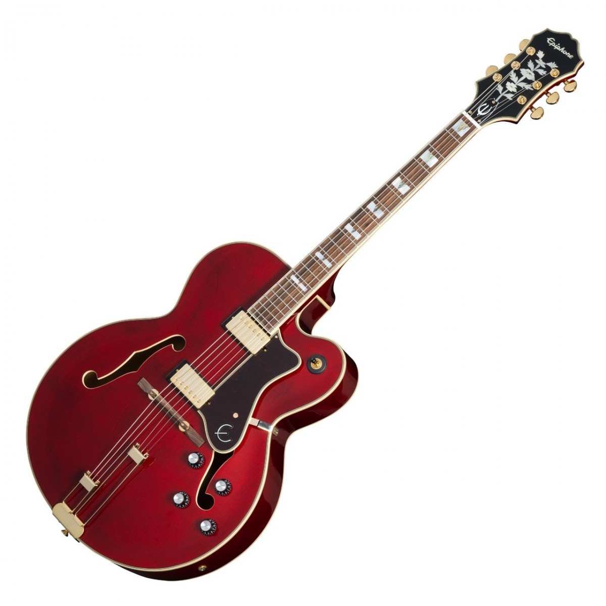 En bild på Epiphone Broadway (2023) Wine Red | Epiphone Broadway är en mångsidig hollowbody jazzgitarr som har varit en klassiker i över 70 år. Denna modell är utrustad med en duo av Alnico Classic PRO humbuckers som är utformade för att leverera exceptionell kvalitet. Dessa pickuper är designade för att fånga nyanserna i ditt spelande och levererar en röst som är rik uttrycksfull och full av karaktär. Förutom humbuckers är Broadway utrustad med två volym- och två tonkontroller vilket säkerställer att du kan justera din ljudutgång till din exakta specifikation. Med denna nivå av kontroll kan du verkligen göra den här gitarren till din egen och skapa ett unikt ljud som skiljer dig från resten.  Med en kropp i lagrad lönn och utvalt material i gran levererar denna Epiphone rika tonkvaliteter som resonerar djupt hos alla publik. Med premium tuners och en bländande gold ser den här gitarren lika vacker ut som den låter. Dessutom har Broadway enastående spelbarhet tack vare sin smala avsmalnande 60-tals C-halsprofil och indiska lagerbräda. De tjugo banden prydda med inlägg av pearl och abaloneblock bidrar till dess ansträngningsfria prestanda vilket gör att du enkelt kan röra dig över greppbrädan. Gör dig redo att inta scenen och stjäla showen med Epiphone Broadway - det perfekta instrumentet för musiker som vill styla och låta som en sann stjärna.