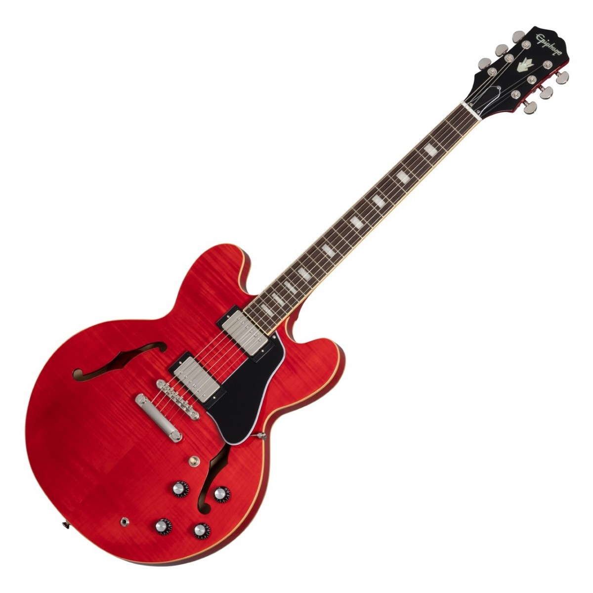En bild på Epiphone Marty Schwartz ES-335 Sixties Cherry | Epiphone Marty Schwartz ES-335 är inte bara en gitarr som bär namnet på en skicklig artist utan också en med imponerande hantverk och spelbarhet. Utrustad på denna signature är en duo anpassade Alnico Classic PRO-pickuper som ger en tonal punch. Dessa humbuckers erbjuder ett varierat utbud av ljud som är perfekta för alla musikgenrer. Dessutom kommer varje pickup med en push/pull-volymkontroll som låter dig dela spolarna för ännu mer tonal mångsidighet. Halspickupens tonkontroll kommer också med en push/pull-funktion för fasreversering som erbjuder möjligheten att lägga till ett unikt och dynamiskt element till ditt spelande.  En 5-lagers skiktad lönnkropp med AAA flammad lönnfanér och en körsbärsfinish sixties cherry ger Marty Schwartz ES-335 ett fantastiskt utseende. Med en 60-tals SlimTaper rundad C-halsprofil och indisk lagerbräda säkerställer denna gitarr att du kan spela i timmar utan att uppleva något obehag eller ansträngning. Dessutom säkerställer Grover 502C roto-grip låsande Rotomatic tuners och GraphTech Sadel förstklassig avstämningsstabilitet medan Epiphone Lock-O-Matic stalln och Stopbar ändstycket säkert förankrar strängarna. Dessutom kommer gitarren med ett hårt skal för utmärkt skydd under transport och förvaring. Släpp loss din inre superstjärna med ES-335 - perfekt för alla genrer alla nivåer och alla prestationer.