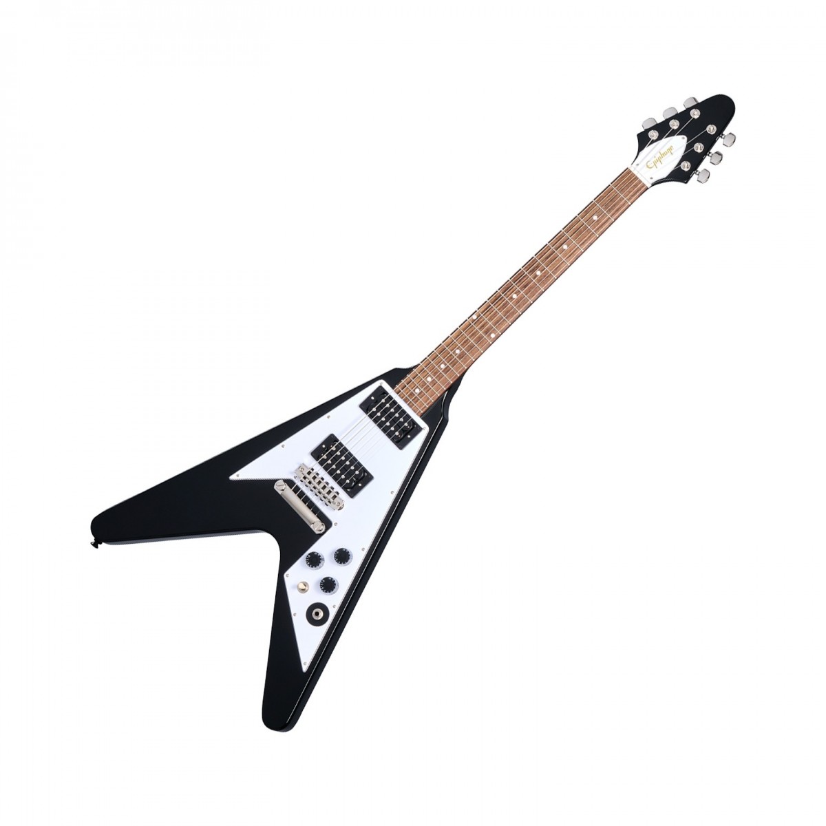 En bild på Epiphone Kirk Hammett 1979 Flying V Ebony | Epiphone Kirk Hammett 1979 Flying V Ebony är en hyllning till en av de mest ikoniska heavy metal-gitarrerna i historien. Detta instrument har en speciell plats i hjärtat hos Metallicafans över hela världen eftersom det var Kirk Hammett första Gibson gitarr och spelade en avgörande roll i utformningen av bandets tidiga sound. Tillverkad i samarbete med Gibson Custom ShopEpiphone Kirk Hammett 1979 Flying V är en trogen återskapelse av Kirks älskade original. Den har en solid mahognykropp och en mahognyhals i ett stycke med volut vilket ger en robust och resonant ton. Grover Rotomatic-maskinhuvuden med "spad"-knappar ger smidig och pålitlig stämningsstabilitet.  Kirk Hammett Flying V är utrustad med ett par Gibson USA Calibrated T-Type humbucker-pickuper och levererar de kraftfulla och dynamiska toner som har blivit synonyma med Kirks signature -sound. Elektroniken är kopplad till CTS-potentiometrar och en Orange Drop-kondensator och erbjuder oöverträffad kontroll och tonal mångsidighet. Epiphone Kirk Hammett 1979 Flying V har en Kirk Hammett-logotyp på baksidan av huvudet och ett svart skalfodral med en slående röd plyschinredning och är det ultimata instrumentet för alla seriösa Metallicafans eller gitarrentusiaster.