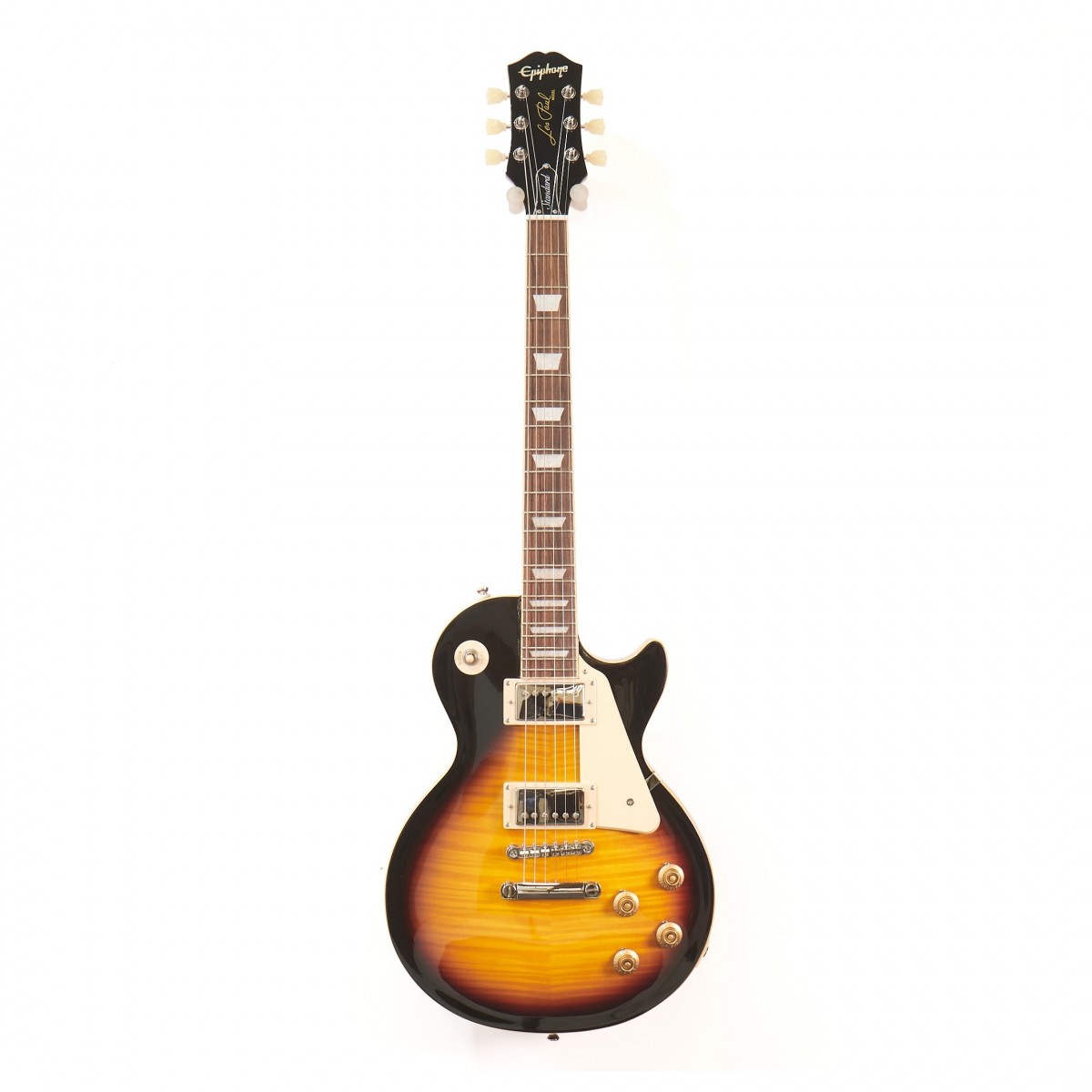 En bild på Epiphone Les Paul Standard 50s Vintage Sunburst | Du är på väg att ha en uppenbarelse. Egentligen är det dock en Epiphone Les Paul Standard 50s-modell men den kommer att bana vägen för dig till storhet. Gitarren har inspirerats av Gibson Les Paul och erbjuder samma känsla och karaktär som den ikoniska och vördade gitarren - men till ett mer överkomligt pris. Denna fantastiska modell har Epiphone Probucker 2 och Probucker 3 humbuckers och ger en utsökt vintage-ton - den kommer faktiskt så gott som att blixtra på scenen scen. Den har ett vackert ljud och är lätt att spela. Tack vare den rundade 59 Medium C-halsen av mahogni kan du spela bekvämt och med övertygelse. Den är smidig och passar naturligtvis på din hand medan cutaway-kroppsformen ger lätt åtkomst till de övre banden. LockTone ABR Tune-o-matic stallet ger bra stämningsstabilitet och den fantastisk Vintage Sunburst-ytan kommer att få dina åskådare att le av glädje. Ex-Demo: Denna produkt kan vara ex-display ha mindre tecken på användning eller lätta ytliga skråmor och sakna icke-nödvändiga delar. Originallåda paketering eller manual kanske inte ingår. Varje föremål kontrolleras av vårt team av reparationstekniker för att försäkra att det möter våra höga standarder. Detta är en fantastisk möjlighet att köpa en fullt fungerande produkt till ett nedsatt pris.