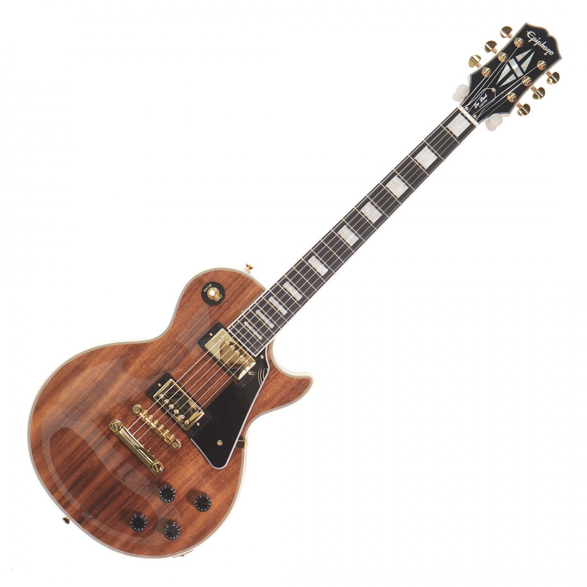 En bild på Epiphone Les Paul Custom Koa Naturlig | Epiphone Les Paul Custom Koa är en elegant gitarr. Det här instrumentet har en uppsjö av exklusiva detaljer och är byggt för att imponera. Från dess underbara naturliga koa-topp till den fantastiska Custom Shop guld hårdvaran och blockinläggen kommer den att särskilja dig på scenen. Denna skönhet har en helt bunden kropp hals och gitarrhuvud och den tillhör Custom Shops finaste.   Och det blir bara bättre när du hör dess rundade och utvecklade ljud. Med de hyllade ProBucker-pickuperna kommer du att bjudas på utökade låga och detaljerade diskanter med en fantastisk klarhet. I kombination med slagkraftigheten från humbuckerna har du en enorm mängd toner till ditt förfogande. Den kommer också komplett med en snabbspelande ultrasmidig greppbräda i ebenholts och en SlimTaper-profilerad hals - du kommer att dansa över skalorna i blixtsnabbt tempo. Stick ut från mängden med en Custom Les Paul. Ex-Demo: Denna produkt kan vara ex-display ha mindre tecken på användning eller lätta ytliga skråmor och sakna icke-nödvändiga delar. Originallåda paketering eller manual kanske inte ingår. Varje föremål kontrolleras av vårt team av reparationstekniker för att försäkra att det möter våra höga standarder. Detta är en fantastisk möjlighet att köpa en fullt fungerande produkt till ett nedsatt pris.