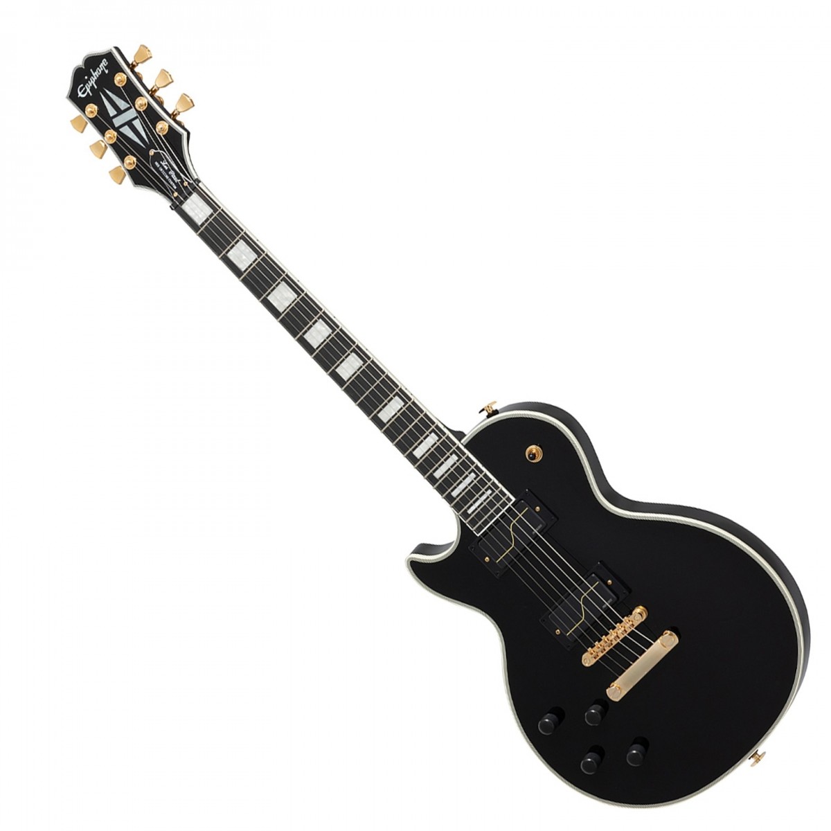 En bild på Epiphone Matt Heafy Les Paul Custom Origins Left Handed Ebony | Matt Heafy Origins Les Paul Custom Left-Handed är för gitarrister vad ljuset är för flugorna. Den här besten är ett mästerverk i alla avseenden och är laddad med Heafys skräddarsydda Fishman MKH Fluence-pickuper som är lika dynamiska som de är kraftfulla. De kan släppa loss en förkrossande output eller skruvas ned för gnistrande glasklar cleans och de kan hantera alla musikaliska situationer du utsätter dem för. Halsen är tillverkad med en SlimTaper D-profil vilket innebär att den är tunn och fin perfekt för snabbt spel.  Matt Heafy använde sin ursprungliga Les Paul Custom som inspiration för designen samtidigt som han uppdaterade känslan och ton för moderna spelare. Och stämstabiliteten kommer inte att orsaka dig några problem mycket tack vare Grover Locking Mini Rotomatic-maskinskallarna som håller dina strängar låsta och redo att användas. Ett premiumfodral med hård skal ingår för skydd enligt professionell standard - den är byggd för att hålla. Den här yxan är perfekt för alla blivande Shogun.