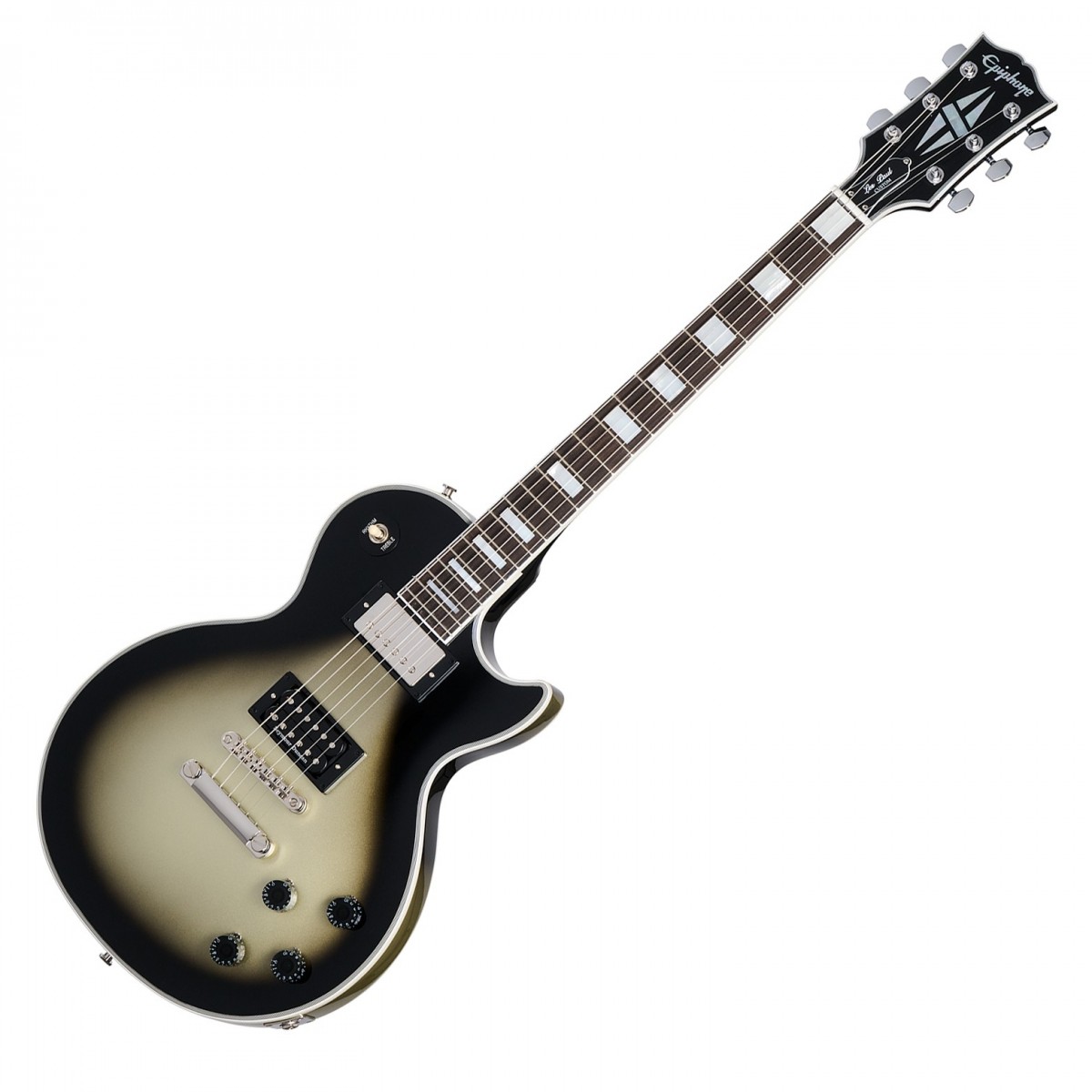 En bild på Epiphone Adam Jones 1979 Les Paul Custom Antique Silverburst | Epiphone Adam Jones 1979 Les Paul Custom är ett omsorgsfullt tillverkat instrument som är en hyllning till den ikoniska Tool-gitarristens uppskattade Gibson Les Paul från 1979. Den här gitarren är designad i samarbete med Gibson Custom och har en massiv mahognykropp med lönntopp i en iögonfallande antik Silverburst finish. Den distinkta tredelade halsen i lönn formad enligt Adam Jones specialspecifikationer och greppbrädan Ebenholts ger smidig spelbarhet och exakt artikulation. Utrustad med en Custombucker i halspositionen och en högpresterande Seymour Duncan Distortion i stallet levererar denna modell en kraftfull ljudpalett som passar för en mängd olika musikstilar. Hårdvaran inkluderar Epiphone:s LockTone Tune-O-Matic -stolpe och Stop Bar-stycke som arbetar tillsammans för att ge överlägsen intonation och sustain. Ytterligare skräddarsydda element som Gibson open-book Gitarrhuvud med exklusivt konstverk av Joyce Su och införandet av en unik två-tums konvex spegel i fodralet gör den här gitarren till en samlares dröm och en spelares glädje.