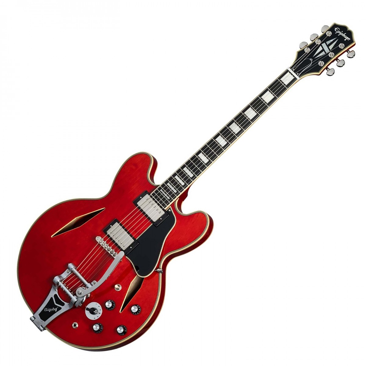 En bild på Epiphone Shinichi Ubukata ES-355 Custom Bigsby Sixties Cherry | Epiphone Shinichi Ubukata ES-355 Custom Bigsby är perfekt för gitarrister som söker en blandning av old school-elegans och modern mångsidighet. Denna semi-hollowbody är utrustad med ett par Gibson 57 Classic humbuckers som levererar artikulerade cleans och grova alt-rocktoner. Varitone-vridomkopplaren förstärker detta tonala utbud och ger dig sex olika inställningar att välja mellan. En rundad C-formad mahognyhals i kombination med en Ebenholts greppbräda ger smidig spelbarhet medan Bigsby B70 vibrato gör att du enkelt kan lägga till uttrycksfulla pitch bends. Med en slående finish Sixties Cherry finish balanserar denna gitarr stil och substans för både scen- och studioprestationer.