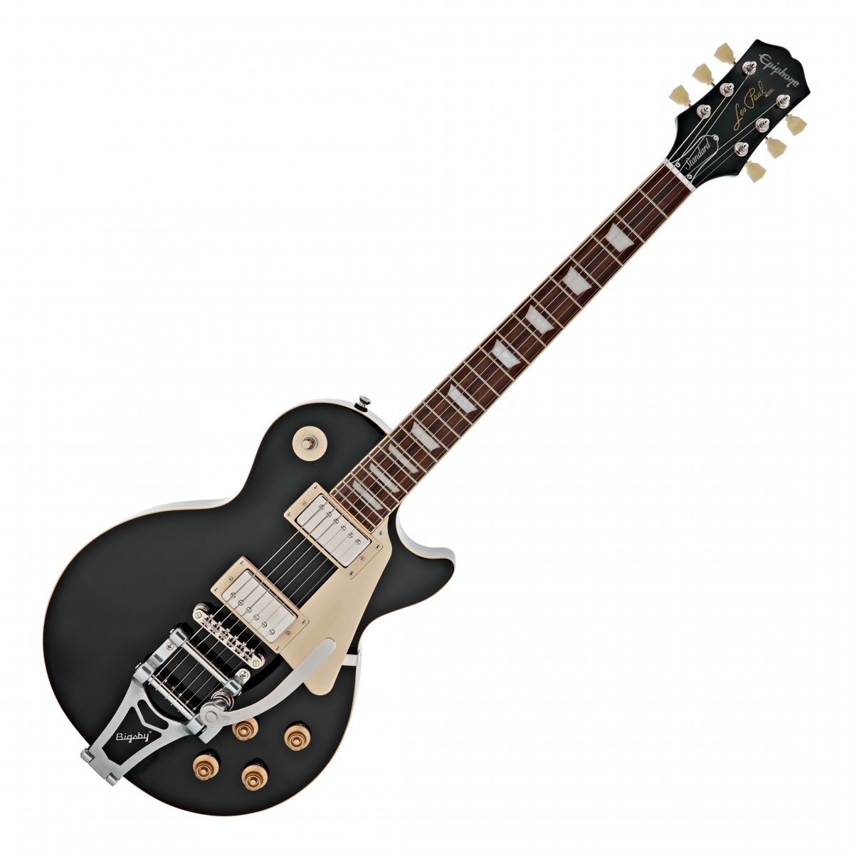 En bild på Epiphone Les Paul Standard 50s Bigsby Ebony | Epiphone Les Paul Standard 50s är en klassiker genom alla tider. Den här gitarren ingår i Inspired by Gibson Collection och är en hyllning till de ikoniska Les Pauls från 1950-talet med exceptionell noggrannhet och fångar essensen av den tiden. Med en kropp i mahogny lock i lönn med AAA-faner på en figurtopp och en bunden 50-talsformad mahognyhals med en lång halstapp spelar (och utseende!) den precis som en vintage Les Paul. Den släta greppbrädan i laurel är formad med rullade kanter för en extremt bekväm känsla - förvänta dig flytande rytm- och leadarbete upp och ner längs halsen.  Men ännu viktigare - ljudet! Klassiska LP-lurar är eftertraktade för sina PAF-toner (Pattern Applied For) och de kritikerrosade Epiphone ProBucker-mickarna på Standard 50s levererar det varma och dynamiska ljud som purister älskar. De är kopplade med CTS-pottar så du kan förvänta dig maximal respons när du skruvar ner volymen eller formar ljudet. Andra premiumutrustningar inkluderar en original Kalamazoo-stolpeform Graph Tech NuBone-Sadel vintage deluxe-tuners och gold Top Hat knoppar med dial pekare för en touch av Gibson elegans. Till skillnad från de flesta Les Paul-modeller har denna Standard 50s-variant dock en extra twist - en Bigsby Stränghållare. Detta vibrato är ett sällsynt tillägg och ger dig mjuka vintage pitch bends för ett ännu mer uttrycksfullt spel.