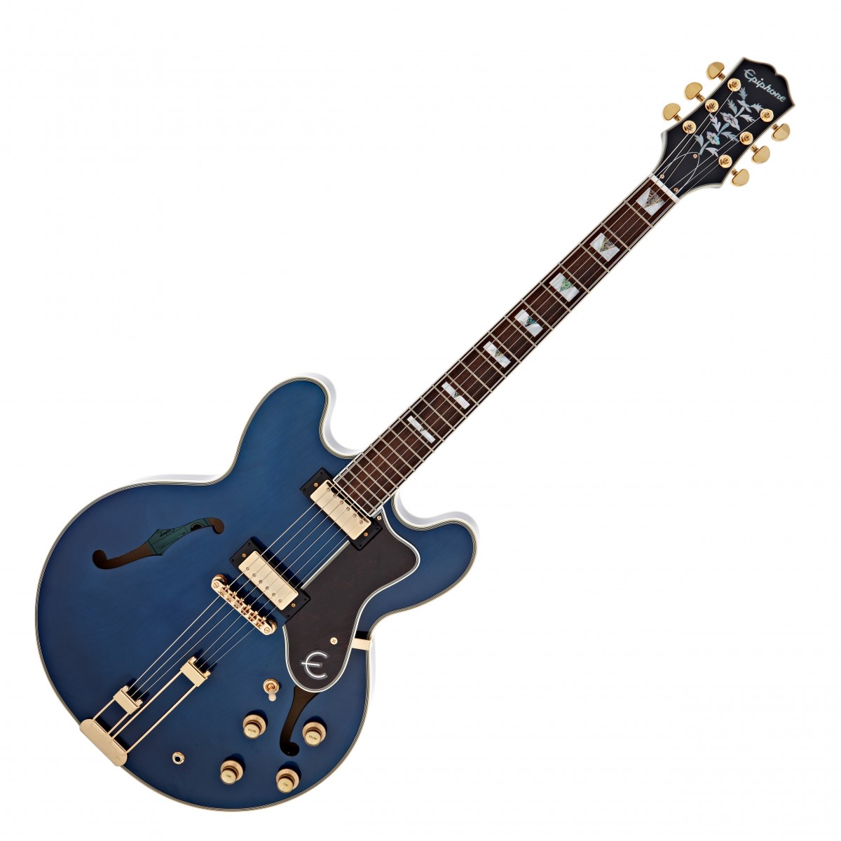 En bild på Epiphone Sheraton Frequensator Viper Blue | Frequensator Epiphone Sheraton Frequensator är en gitarr som kombinerar vintage ton med contemporary spelbarhet. Detta legendariska instrument som blueslegenden John Lee Hooker valde Epiphone har en halvhål kropp tillverkad av skiktad lönn med ett mittblock av lönn för att motverka feedback. Den 22-frettiga mahognyhalsen har en bundna greppbräda av indisk laurel med block mother of pearl med abalone triangle inlägg. En SlimTaper 60s C-profil på halsen gör det enkelt och bekvämt att spela under längre perioder medan gold hårdvara inklusive en Frequensator Split Trapeze Stränghållare i vintagestil bidrar till den enkla och tidlösa estetiken hos denna Epiphone legend.  Det är dags att leverera. Och Epiphone ProBucker mini-humbuckers tar fram det bästa i alla musikgenrer. De har ett brett dynamiskt tonområde vilket gör den här gitarren till ett utmärkt val för alla musiker som söker mångsidighet. Med två volym- och två tonkontroller kan du hitta ett ljud som passar din stil oavsett om du spelar jazz rock eller blues. Gitarren levereras med en premium väska som håller ditt instrument säkert under transport och förvaring. Väskan är utformad för att passa gitarren ordentligt och ger maximalt skydd mot stötar och repor så att du kan ta med din Sheraton Frequensator vart du än går. Sammantaget är Epiphone Sheraton Frequensator ett utmärkt val för den som söker ett klassiskt utseende och vintage ton i en modern gitarr.