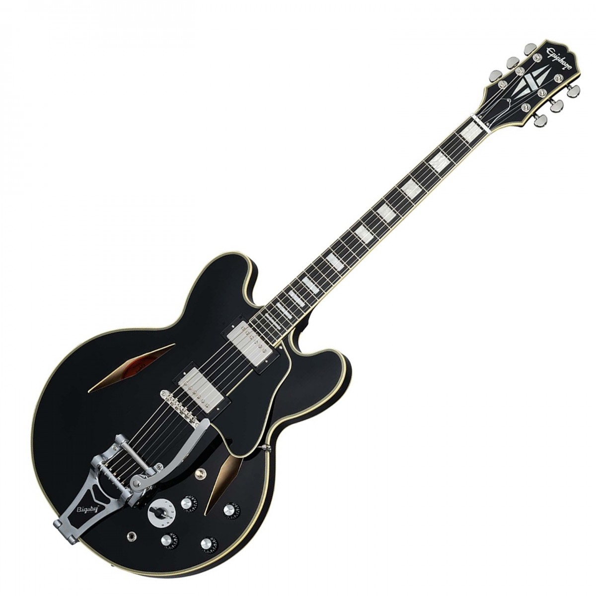 En bild på Epiphone Shinichi Ubukata ES-355 Custom Bigsby Ebony | Epiphone Shinichi Ubukata ES-355 Custom Bigsby är perfekt för gitarrister som söker en blandning av old school-elegans och modern mångsidighet. Denna semi-hollowbody är utrustad med ett par Gibson?57 Classic humbuckers som levererar artikulerade cleans och grova alt-rocktoner. Varitone-vridomkopplaren förstärker detta tonala utbud och ger dig sex olika inställningar att välja mellan. En rundad C-formad mahognyhals i kombination med en Ebenholts greppbräda ger smidig spelbarhet medan Bigsby B70 vibrato gör det enkelt att lägga till uttrycksfulla pitch bends. Med en slående finish Sixties Cherry finish balanserar denna gitarr stil och substans för både scen- och studioprestationer.
