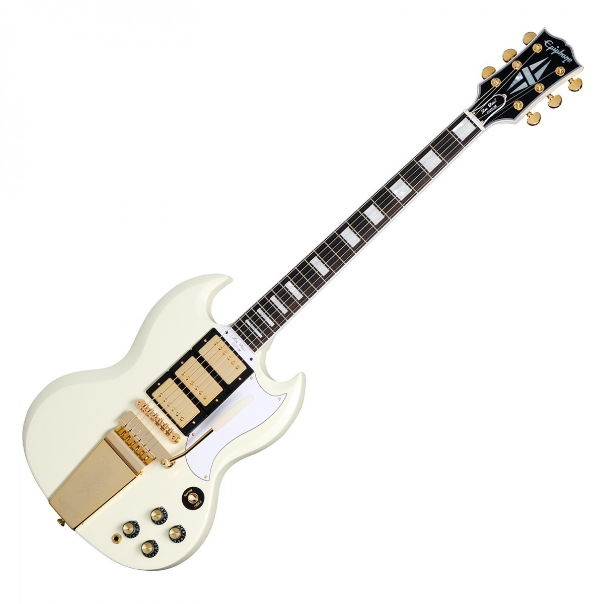 En bild på Epiphone 1963 Les Paul SG Custom With Maestro Vibrola Inspired by Gibson Custom Classic White | Epiphone 1963 Les Paul SG Custom med Maestro Vibrola Inspired by Gibson Custom är en fantastisk återskapning av en historisk modell som ger vintage känslan och estetiken från 1963 till moderna musiker. Denna gitarr har den vördade mahognyhalsen i ett stycke med en lång halstapp och en bunden Ebenholts greppbräda prydd med blockinlägg av pärlemor. Den ikoniska Gibson-stilen "open book" Gitarrhuvud är markerad med en anpassad split diamond inlay vilket betonar dess klassiska ursprung. Denna modell är utrustad med tre USA Gibson Custombucker-pickuper handkopplade till CTS-potentiometrar och Mallory-kondensatorer som levererar rika nyanserade toner som Gibson -älskare har hyllat i årtionden. Maestro Vibrola-studstycket kompletterar ljudbilden och möjliggör mjuka vibratoeffekter som gör ditt spel mer uttrycksfullt. vintage original sheen (VOS)-finishen i Classic Vit i kombination med gold hårdvara ger ett elegant utseende som matchar den Exceptionell ljudkvaliteten. Och med ett svart hårdskalsfodral av högsta kvalitet med goldenrod-inredning som fulländar vintage -charmen är denna 63 SG värdig alla Gibson -entusiasters samling!