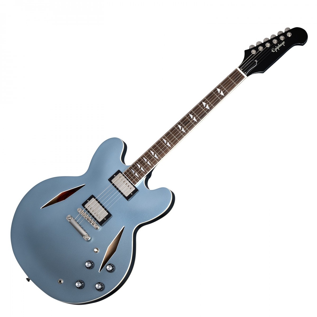 En bild på Epiphone Dave Grohl DG-335 Pelham Blue | Epiphone Dave Grohl DG-335 är en magnifik blandning av ikonisk stil och överlägset ljud och är helt enkelt ett måste för Foo Fighters-entusiaster och samlare. Denna exceptionellt coola signature blandar en 335-form med en Trini Lopez-Gitarrhuvud och visar upp en fantastisk Pelham Blue -finish. Kombinera det med diamantformade F-hål och det är svårt att ta ögonen från den! Den halvhålade kroppen är tillverkad av skiktad lönn/poplar för att förbättra dess tonala klarhet och sustain. På tal om toner är DG-335 utrustad med Gibson USA Burstbucker-mickar för autentiska ljud som sträcker sig från eldig high-output till vintage sparkle. Oavsett om det handlar om varma rytmer eller sharp leads är DG-335 redo för alla typer av riff i Foo Fighter-stil. När det gäller spelbarheten är mahognyhalsen utsmyckad med attraktiva pearl split diamond-inlägg och ger en bekväm och smidig spelupplevelse tack vare den unika elliptiska "C"-formen. Topping allt detta kompletteras med ett skräddarsytt Epiphone hardshell-fodral som ger ett robust skydd och gör den till ett utmärkt val för musiker på språng.