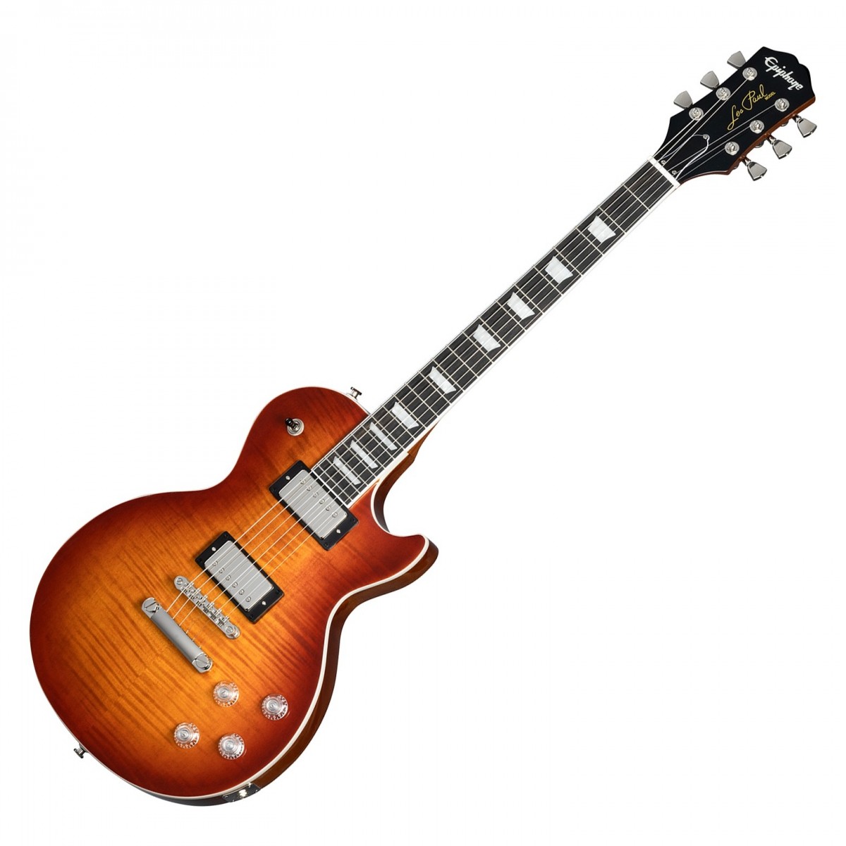 En bild på Epiphone Les Paul Modern Figured Mojave Burst | Epiphone Les Paul Modern Figured är en fantastisk uppdatering av en klassisk design med en viktavlastad mahognykropp och ett lock i lönn med en iögonfallande AAA-furnérad lönnfanér. Gitarren är lackad i en vacker Mojave Burst och kombinerar vintage estetik med modern spelbarhet. Den asymmetriska SlimTaper mahognyhalsen med Ebenholts greppbräda och en modern konturerad häl ger en bekväm och smidig spelupplevelse perfekt för både rytm- och leadgitarrister.Les Paul Modern Figured är utrustad med ProBucker 2- och 3-pickuper och erbjuder ett mångsidigt utbud av toner med möjlighet till coil-splitting och fasväxling. Treble bleed-kretsen bibehåller klarheten även vid lägre volymer medan Grover låsbara Rotomatic-stämskruvar och en Graph Tech -Sadel ger överlägsen stämningsstabilitet. Paketet kompletteras med en premium väska som ser till att din gitarr är skyddad när du är på språng. Detta instrument är utformat för att uppfylla behoven hos contemporary musiker och erbjuder både exceptionell prestanda och ett slående utseende.