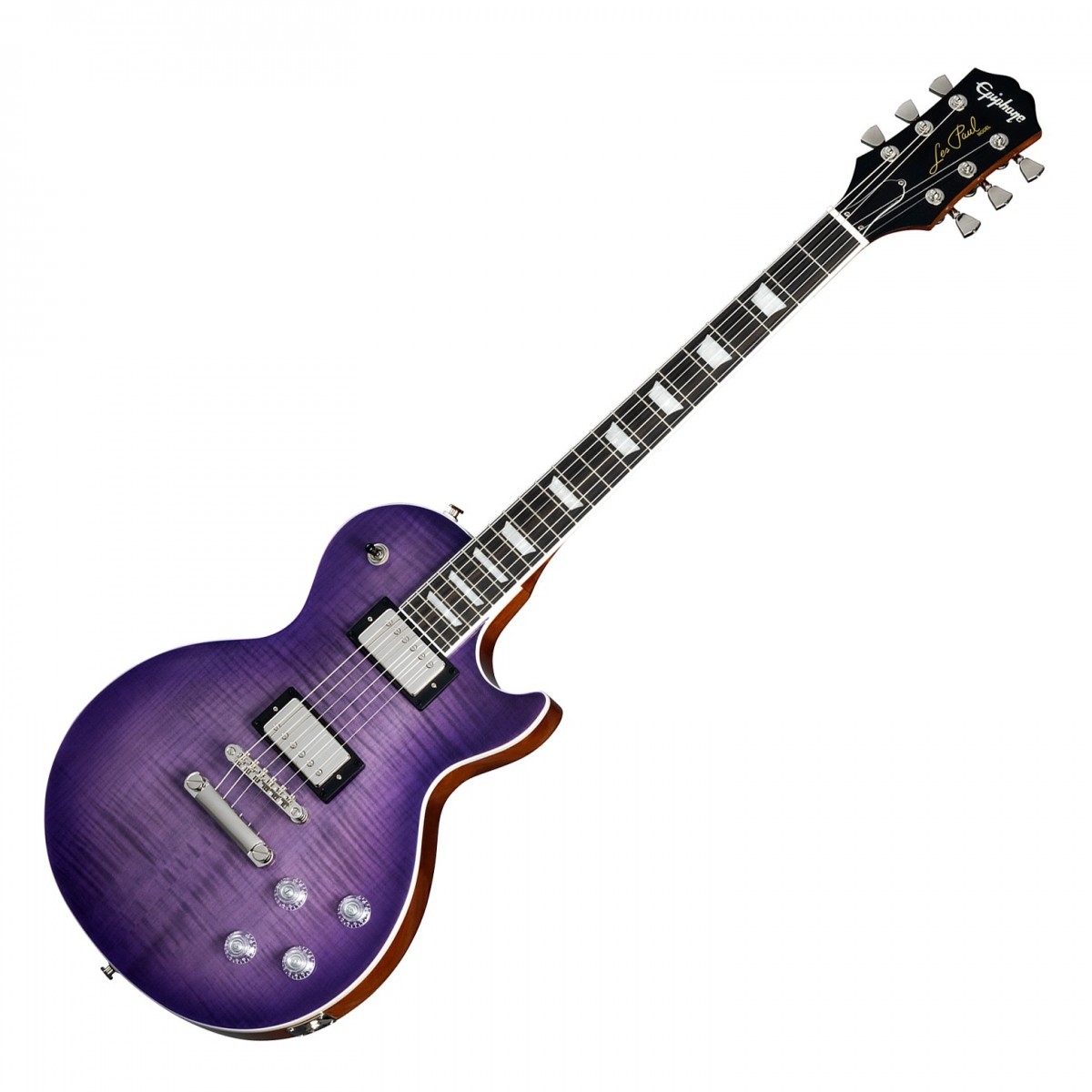 En bild på Epiphone Les Paul Modern Figured Purple Burst | Epiphone Les Paul Modern Figured är en fantastisk uppdatering av en klassisk design med en viktavlastad mahognykropp och ett lock i lönn med en iögonfallande AAA-furnérad lönnfanér. Med en vacker Purple Burst finish kombinerar den här gitarren vintage estetik med modern spelbarhet. Den asymmetriska SlimTaper mahognyhalsen i kombination med en Ebenholts greppbräda och en modern konturerad häl ger en bekväm och smidig spelupplevelse perfekt för både rytm- och leadgitarrister.Les Paul Modern Figured är utrustad med ProBucker 2- och 3-pickuper och erbjuder ett mångsidigt utbud av toner med möjlighet till coil-splitting och fasväxling. Treble bleed-kretsen bibehåller klarheten även vid lägre volymer medan Grover låsbara Rotomatic-stämskruvar och en Graph Tech -Sadel ger överlägsen stämningsstabilitet. Paketet kompletteras med en premium väska som ser till att din gitarr är skyddad när du är på språng. Detta instrument är utformat för att uppfylla behoven hos contemporary musiker och erbjuder både exceptionell prestanda och ett slående utseende.