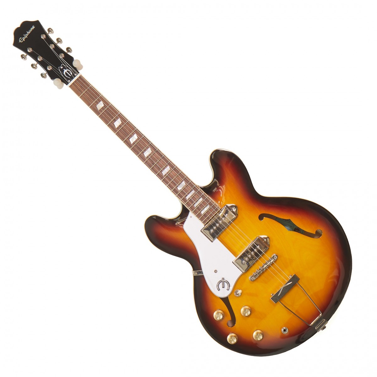 En bild på Epiphone Casino Vänsterhänt Vintage Sunburst (2023) | Epiphone Casino Vänsterhänt (2023) är en gitarr som kombinerar klassisk design med moderna funktioner för att leverera ett mångsidigt och ikoniskt ljud. Sedan 1961 har den varit Epiphones bästsäljande archtop och en rock n roll standard. Från Keith Richards från The Rolling Stones till George Harrison och John Lennon från The Beatles gitarren har varit inblandad i någon av tidernas mest legendariska musik. Dess Dogear PRO P-90 pickuper skapar en varm vintage-ton som poppar med slagkraftighet och djup.  Den bekväma spelbarheten hos den smala avsmalnande 60s C-profil mahognyhalsen indisk lagergreppbräda och 22 band gör att du kan spela i timmar utan obehag. En Graph Tech sadel och Epiphone Vintage Deluxe stämskruvar håller din gitarr i trim med lätthet. Dessutom erbjuder LockTone Tune-O-Matic stallet Diamond Trapeze-stjärtstycket gold Top Hattknoppar med silver och premium väska överlägsen hållbarhet och skydd. Oavsett om du är en professionell musiker eller vill bli det är Epiphone Casino (2023) en gitarr som är designad för att leverera ljud och prestanda av högsta kvalitet. Ex-Demo: Denna produkt kan vara ex-display ha mindre tecken på användning eller lätta ytliga skråmor och sakna icke-nödvändiga delar. Originallåda paketering eller manual kanske inte ingår. Varje föremål kontrolleras av vårt team av reparationstekniker för att försäkra att det möter våra höga standarder. Detta är en fantastisk möjlighet att köpa en fullt fungerande produkt till ett nedsatt pris.