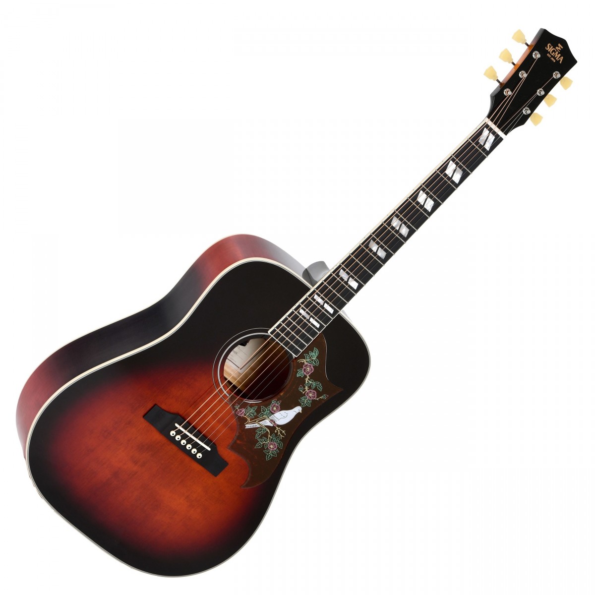 En bild på Sigma DA-SG7 Dreadnought Electro Acoustic Sunburst | Förbered dig på ett utsökt framträdande. Sigma DA-SG7 har inte bara en slående skönhet utan även ett häpnadsväckande ljud. Låt dig inte luras av dess mörka estetik den här gitarren utstrålar en ton som är ljus och välartikulerad samtidigt som den har den rikedom som behövs för en magiskt uppslukande ton. Förstärk ditt naturliga akustiska ljud utan att någonsin förlora någon autenticitet tack vare innovativt utformad Fishman Sonitone elektronik. Du kommer att bli hypnotiserande.  Låt fingrarna glida lätt över den silkeslena greppbrädan i micarta och låt kropp och hals i lönn projicera varje ton på ett vackert sätt. Skimrande klarhet är ingen bristvara hos DA-SG7 särskilt inte när en fantastisk topp i Sitka-gran bjuder in till ditt skickliga spel. Strumma eller fingerpicka med självförtroende och vet att du kommer att få en otrolig dynamik och definition.