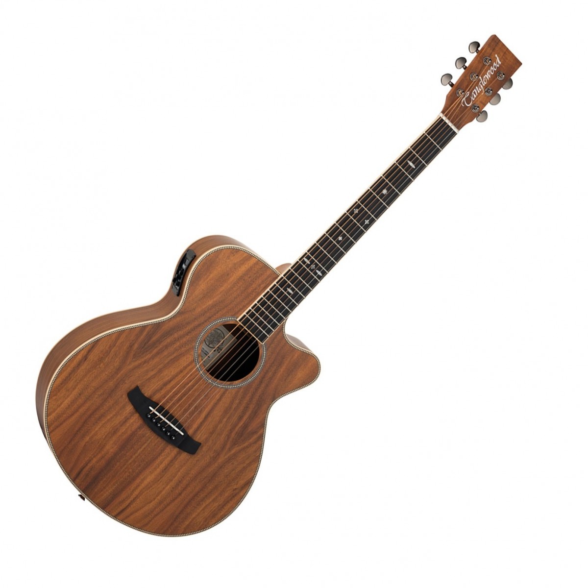 En bild på Tanglewood TRU4-CE-AK Reunion Super Folk Electro Acoustic All Koa | Tanglewood Reunion Super Folk Semiakustisk All Koa är en fest för sinnena - en sublim blandning av form och funktion som passar den hängivne musikerns strävan efter perfektion. Den exceptionella designen med ett massivt granlock kombinerat med en figursydd Koa-fanér erbjuder inte bara en förtrollande palett av tonala kvaliteter utan också ett visuellt tilltal som härrör från fantastiska ådringsmönster. Detta instrument är ett bevis på att Tanglewood:s rykte om att tillverka vackra gitarrer av hög kvalitet är välförtjänt.  Gitarren har en kroppsform på Super Folk och ger en mångsidig spelupplevelse som passar ett brett spektrum av musikaliska genrer och tekniker. Införlivandet av Tanglewood:s Premium Plus EQ-system innebär ett engagemang för ljudmässig precision och anpassningsförmåga vilket gör gitarren lämplig för en mängd olika framträdanden. I grund och botten är Tanglewood Reunion Super Folk Semiakustisk All Koa ett instrument som på ett vackert sätt förenar traditionellt hantverk med moderna tekniska framsteg för att leverera en gitarr som verkligen sjunger.