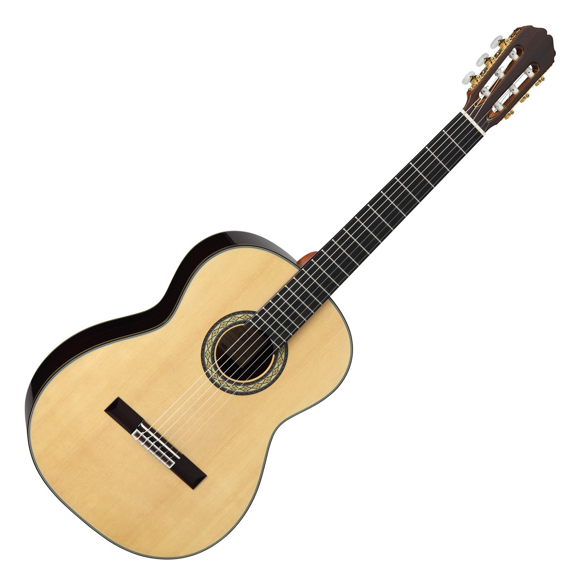 En bild på Takamine H8SS Classical Guitar Natural | Klassisk gitarr Takamine H8SS producerar en traditionell ljud full av arv. Solid ceder toppen med Rosenträ tillbaka och på sidorna ger ett varmt ljud med komplexa övertoner. 425 mm greppbrädan bredd är en mer bekväm storlek för de flesta spelare. Den traditionella formen är bekväm och resonans en balanserad ton. H8SS är perfekt för musiker som vill ha det klassiska ljudet av en gitarr nylon uppträdda.
