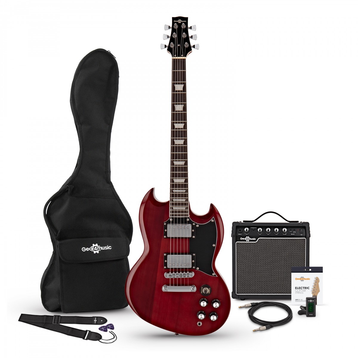 En bild på Brooklyn Elektrisk Gitarr + 15W Förstärkarpaket Röd | Brooklyn Elgitarr från Gear4music var gjord för rock. Dess kraftfulla och omedelbart igenkännbara ljud kommer med tillstånd av ett par täckta humbucking pickuper. Med en industristandard basträkropp är Brooklyns naturligt organiska ton idealisk för både tunga riff och själfulla solon medan en bekväm lönnhals ger bra stämningsstabilitet och en bitande närvaro på topp. Brooklyns ikoniska form med dubbla horn ger oslagbar ergonomisk åtkomst till de övre banden medan dess tunna konstruktion och välplacerade kontroller gör den fantastiskt bekväm att spela. En mångsidig 15W-förstärkare ingår tillsammans med en mängd andra nödvändigheter för att göra dig redo för spelning direkt ur lådan. Med en strålkastarstjälande transparent glansig röd finish för att starta är Gear4music Brooklyn en prisvärd yxa som är redo att gå på scenen.