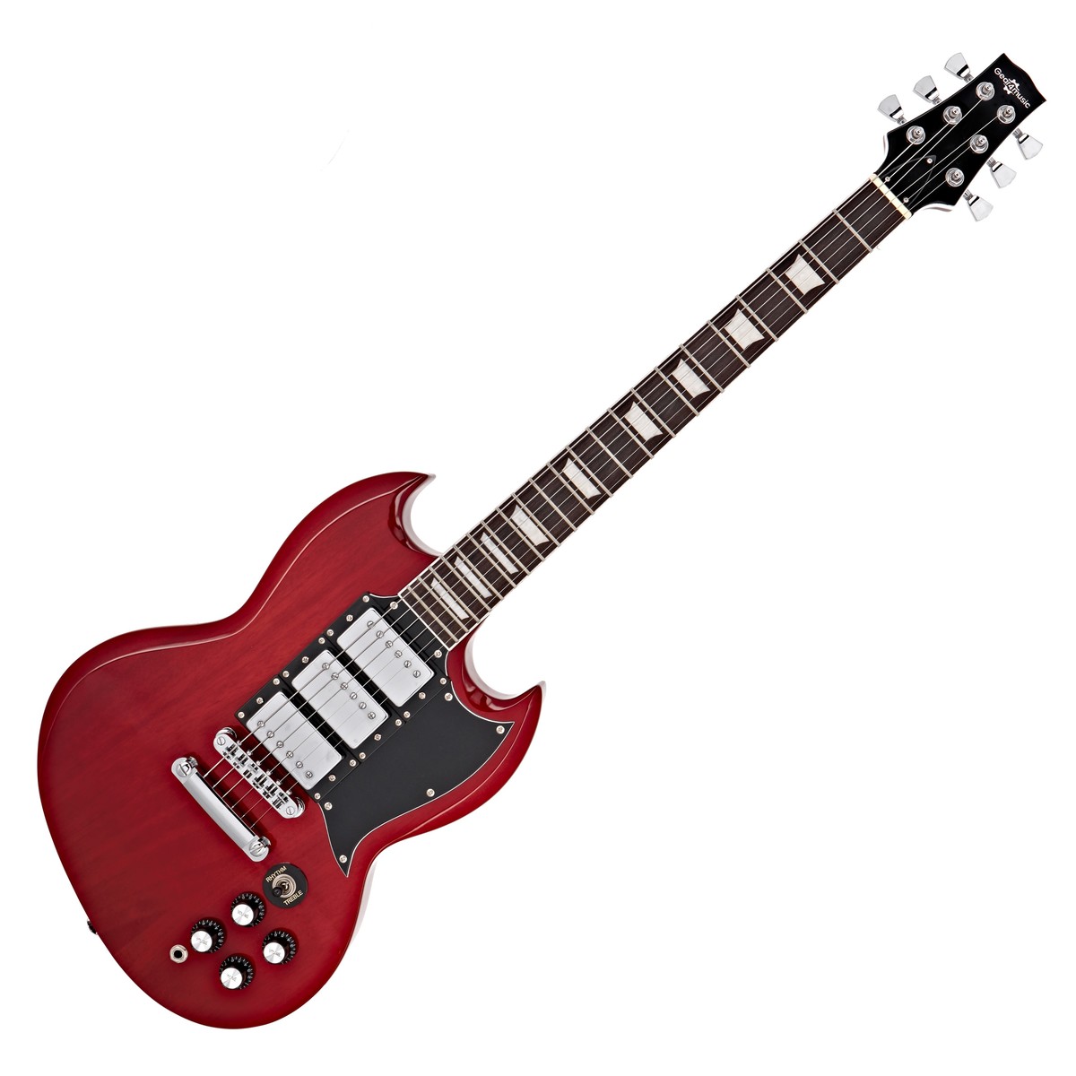 En bild på Brooklyn Select Elgitarr från Gear4music Röd | Brooklyn Select Elgitarr från Gear4music är som gjord för för rock. Det kraftfulla och omedelbart igenkännbara ljudet kommer med ett par täckta humbucking pickuper. Med en standard mahognykropp är Brooklyns naturligt organiska ton idealisk för både tunga riffs och själfulla solon medan den bekväma lönnhalsen ger en fantastisk stämningsstabilitet och en bitande närvaro i toppnoterna.   Brooklyns ikoniska dubbla hornform möjliggör en oslagbar ergonomisk tillgång till de övre banden medan dess tunna form och välplacerade kontroller gör den mycket bekväm att spela. En robust väska och en kabel ingår i priset. Med en snygg glansig finish i rött är Gear4music Brooklyn en prisvärd gitarr som är redo för scenen.