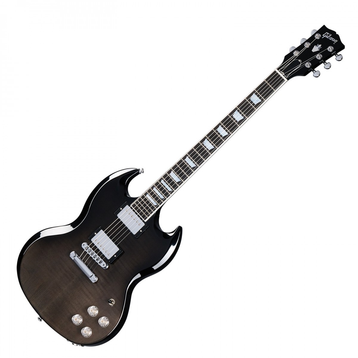 En bild på Gibson SG Modern Trans Black Fade | Har du någonsin velat ha den eleganta spelkänslan av en SG med det härliga ljudet av en Les Paul? Här kommer Gibson SG Modern en klassisk gitarr för 2000-talet. När Gibson skapade detta exceptionella instrument kombinerade företaget de bästa egenskaperna hos sina två mest populära modeller och förenade dem för att skapa en fulländad Gibson-elgitarr.   SG Modern tar den klassiska SG-formeln och uppdaterar den med förbättrade funktioner och designval. Gitarrens mahognikropp och en figurerad lönntopp vilket ger dig det varma fylliga ljudet som du skulle förvänta dig av en Les Paul - däremot får du samtidigt samma bekvämlighet och spelbarhet som kännetecknar SG:ns unika kroppsform. De kraftfulla Burstbucker Pro-pickuperna producerar ett fylligt kraftigt ljud och de låsande Grover-stämskruvarna samt Tune-o-Matic-stallet ger utmärkt stämning. Allt detta gör denna gura riktigt modern: en gitarr designad för moderna gitarrister.