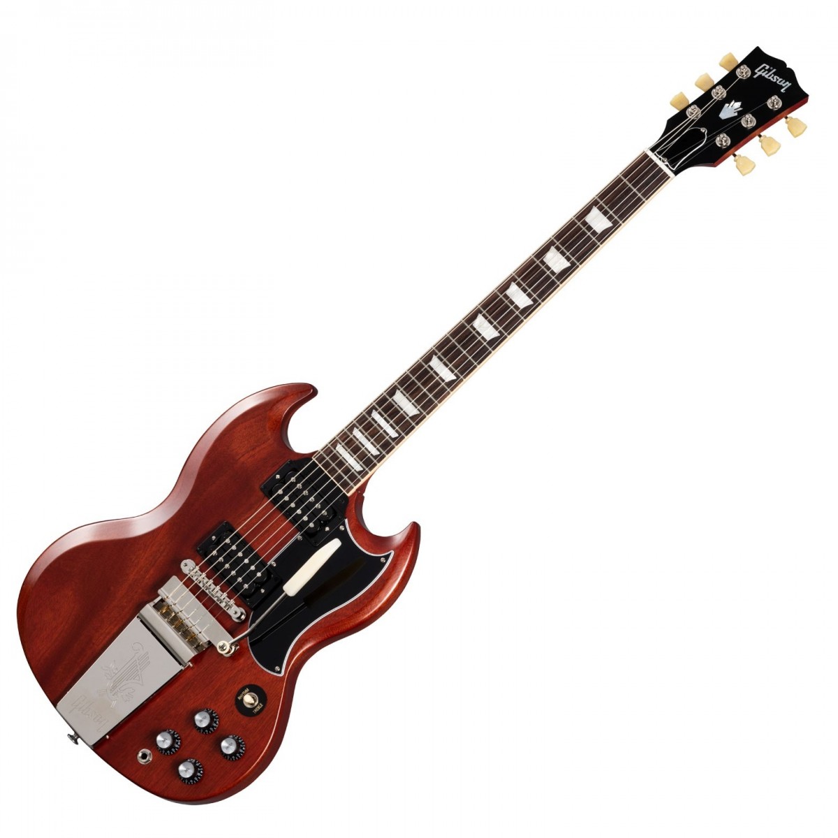 En bild på Gibson SG Standard Faded ’61 Maestro Vibrola Vintage Cherry | Gibson USA SG Standard 61 Faded Maestro Vibrola är en återgång till SG:s klassiska rötter och designen som gjorde den till en så ikonisk gitarr. Den har en vacker Sidenmatt -nitrocellulosafinish och utseende som ett instrument som har gått i arv genom årtionden. Och tillsammans med denna vintage -vibb har du ett fantastiskt vibrato-stjärtstycke att lägga till en helt ny uppsättning dynamik och jämn häftig bar-action till ditt spel. Utrustad med en uppsättning BurstBucker-pickuper med öppen kärna från 60-talet erbjuder den en retro morrande ton som matchar dess fantastiska utseende. Dessa pickuper är inställda för extra kraft och toppände så att du kan vara säker på en tung och kraftfull dynamik som lätt kommer att stå över en mix. Och medan du är upptagen med att njuta av dessa brännande ljud kommer du att märka den suveräna komforten som en kropp som har djupt skulpterad scarf för en smidig och smidig känsla. SG Standard '61 Faded Maestro Vibrola är färdig med klassiska Gibson-utnämningar som lyxiga keystone-tuningknappar ett droppformat valskydd och nickelpläterad hårdvara ett måste för alla Gibson-entusiaster.