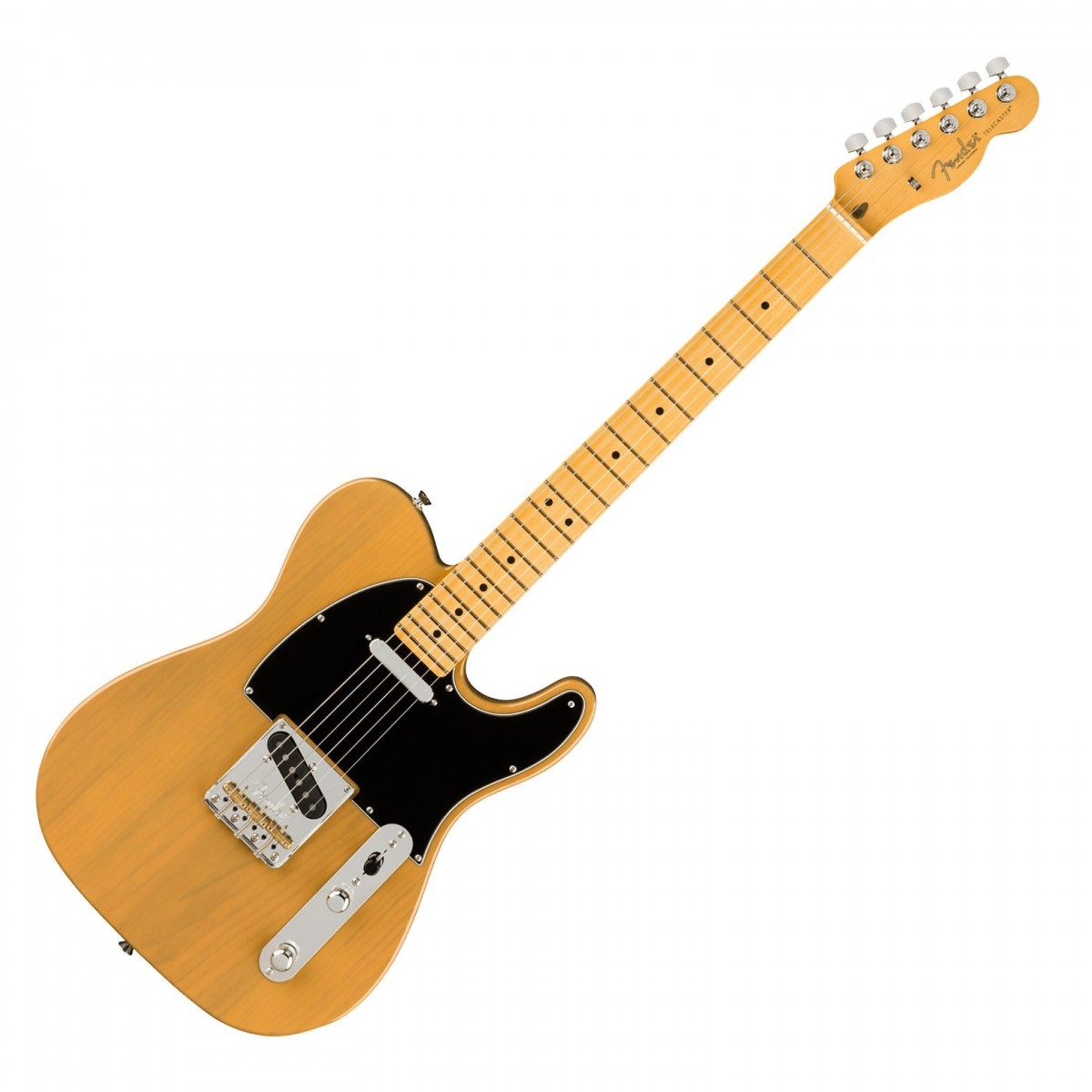 En bild på Fender American Pro II Telecaster MN Butterscotch Blonde | Om stil och prestanda hade ett barn så vore Fender American Pro II Telecaster deras moderna mästerverk . Gitarrens omfattar de allra bästa Fender-komponenter och hantverk. Två V-Mod II Single coil pickuper levererar det klara tajta morrande ljudet som Telecasters är berömda för - med modern artikulation och definition.   Dessutom har gitarren en fantastisk Deep C-lönnhals som låter dig spela hur uttrycksfullt som helst - den känns fantastisk att spela på. Stallet är ett av Fenders mest flexibla hittils och erbjuder full justerbarhet för spänning och ton för verkligt enastående ljudliga resultat. Byggd enligt en professionell standard i USA: gitarren har verkligen förtjänat att kallas - "the American Pro II".