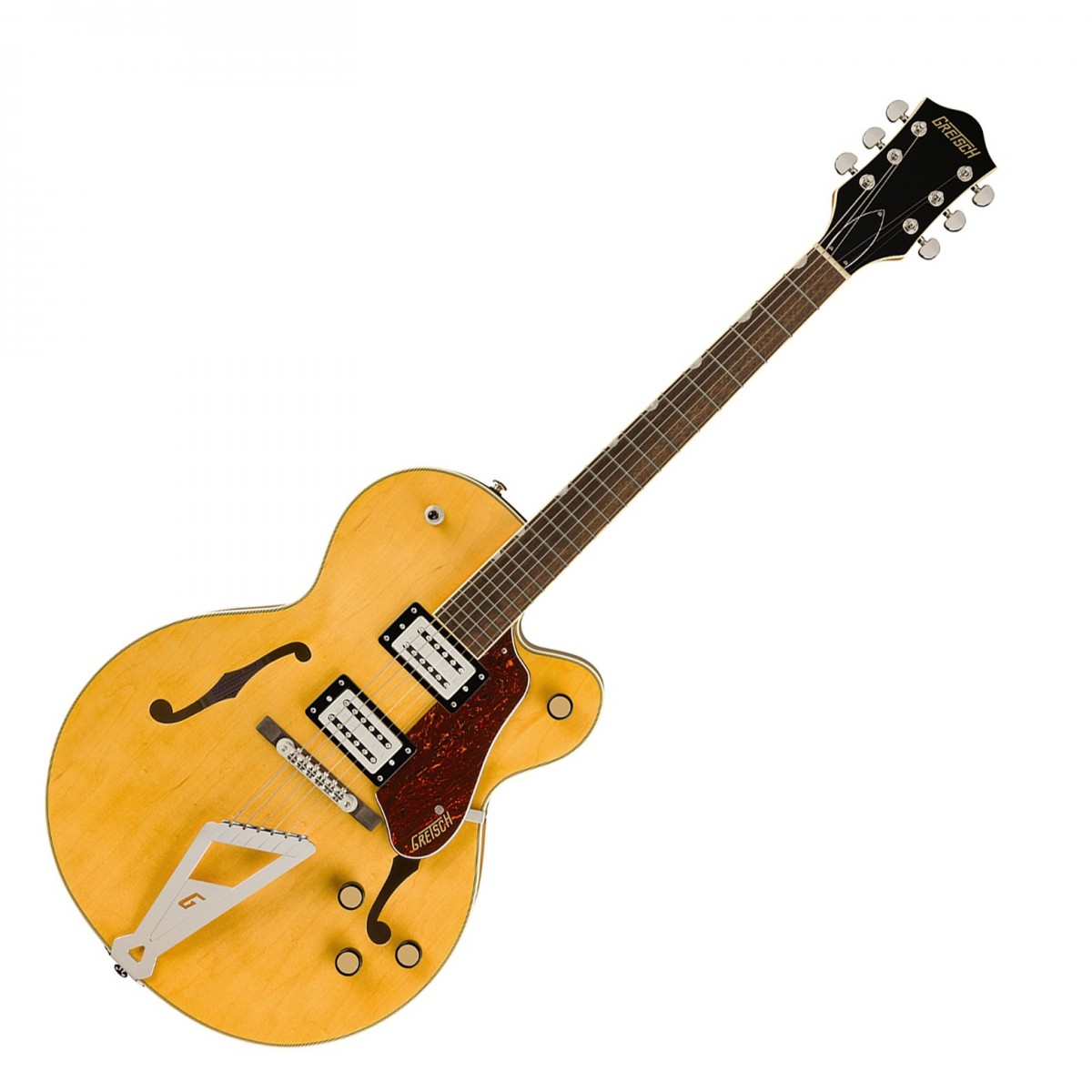 En bild på Gretsch G2420 Streamliner Hollow Body with Chromatic II Village Amber | Gretsch G2420 Streamliner Hollow Body är perfekt för moderna gitarrister som söker en blandning av klassisk stil och innovativt ljud. De helt nya BroadTron BT-3S-pickuperna ger en kraftfull och klar ton vilket gör den idealisk för olika genrer. Den helt ihåliga välvda lönnkroppen ger rik resonans och djup vilket förhöjer din spelupplevelse.  Med en mjuk C-formad Nato hals och en 12-tums greppbräda med laurelradie ger G2420 en bekväm och smidig spelbarhet. Dessutom ger mastervolymen med push/pull coil-splitting fullständig flexibilitet i tonformningen vilket gör det enkelt att växla mellan olika ljud.