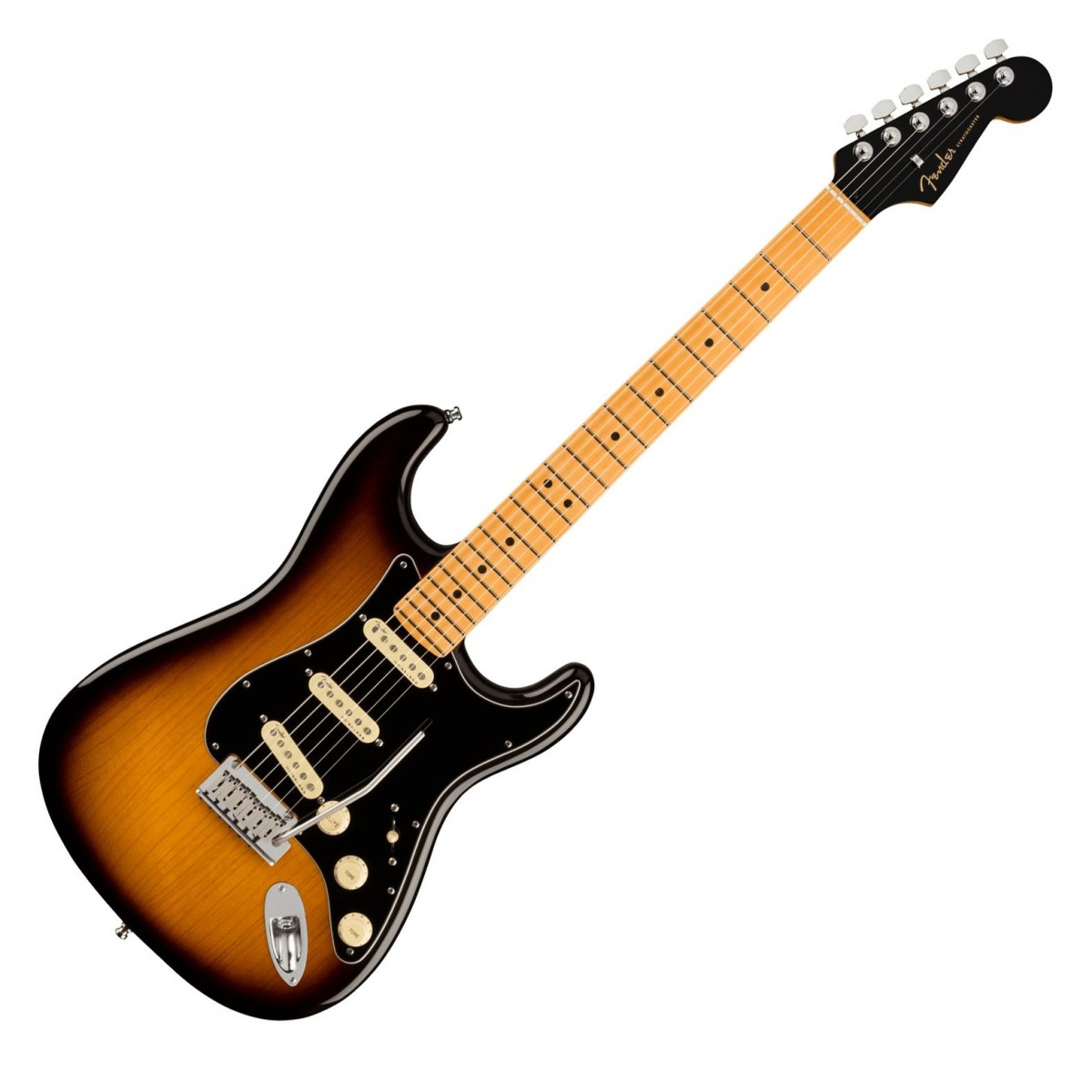 En bild på Fender American Ultra Luxe Stratocaster MN 2-Tone Sunburst | Din väg till extremt höga prestanda. Fender American Ultra Luxe Stratocaster MN är nästa steg i Fenders moderna design. Detta är Fenders mest avancerade gitarrserie så här långt. Absolut varje egenskap hos denna gitarr sjuder ut med ett förstklassigt ljud en fin känsla och perfekt prestanda ...   De tre Ultra Noiseless single-coil pickuperna ger denna Ultra Series Stratocaster den ikoniska vintage-ton du längtar efter med högsta klarhet. Den banbrytande Ultra "C" -formade lönnhalsen gör att du bekvämt och fritt kan spela varje riff utan att något håller dig tillbaka. Den släta greppbrädan i lönn och de rullade banden låter dig verkligen uppleva den högkvalitativa behandlingen. Det förstklassiga svajstallet ger dig en chans att skapa vilda ljud och spela fritt vilket betyder att denna Ultra Luxe Strat omfattar alla egenskaper som bidrog att ge Fender ett monumentalt rykte. Men den här gången är gitarren utrustad för modernt spelande.