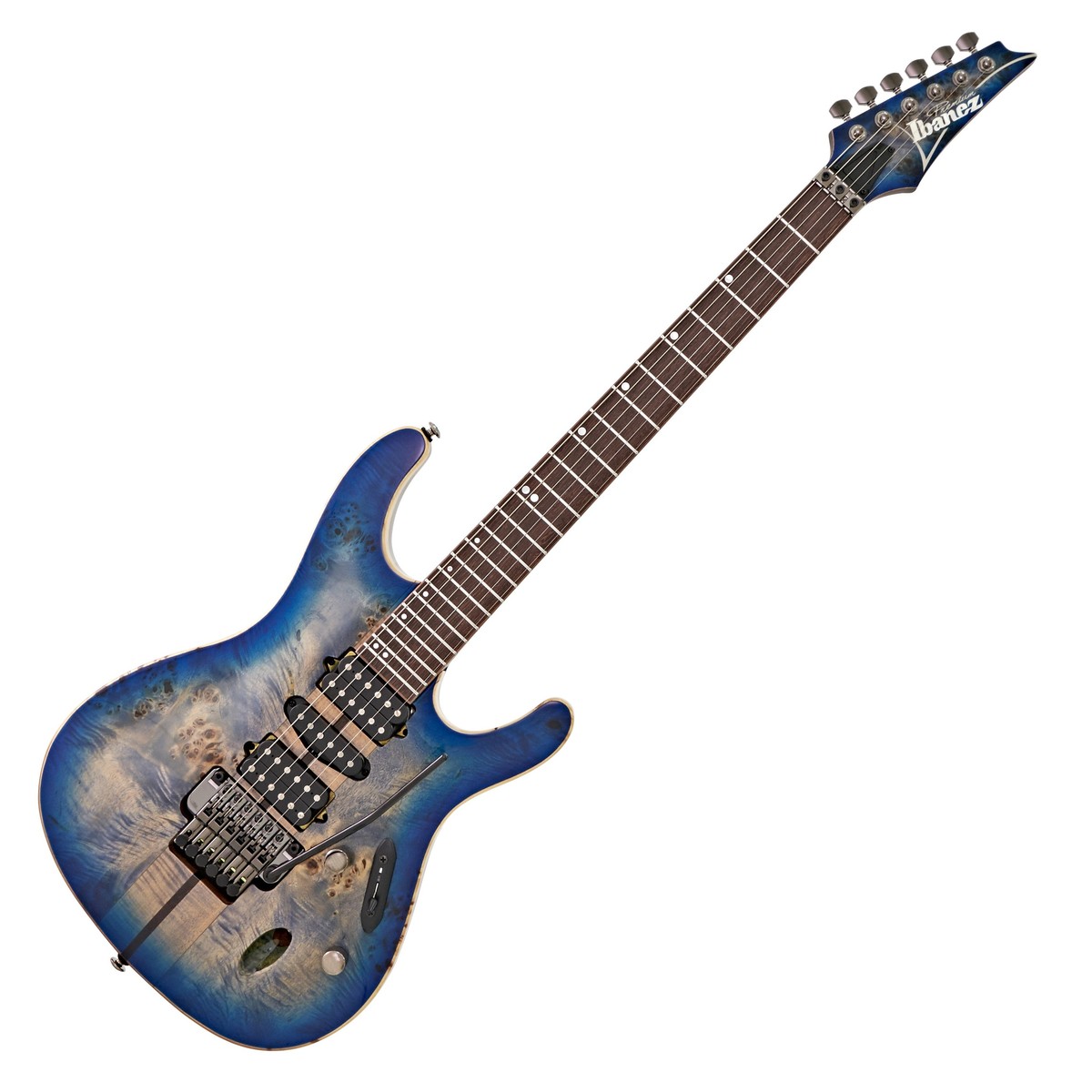 En bild på Ibanez S1070PBZ Premium Cerulean Blue Burst | Ibanez S1070PBZ-CLB är skapad för full gas och högoktaniga framträdanden. Den är fullmatad med Premium series -utrustningar som hjälper dig att stjäla showen som en ultratunn och platt Wizard -profilhals som möjliggör blixtsnabba spelhastigheter. Tillsammans med en greppbräda i rosenträ och jumbo-band i rostfritt stål med Premium-behandling av bandet kommer du att kunna riffa med både fart och precision.  Utrustad med DiMarzio® Air Norton™ True Velvet™ och The Tone Zone® HSH pickuper kan du förvänta dig en enorm nivå av mångsidighet från S1070PBZ. Från ren blues till mättad heavy metal-distortion du har ett enormt utbud av ljud till hands. Till detta kommer den stora tillförlitligheten hos Ibanez:s 11-delade halskonstruktion Gotoh -maskinhuvuden och Edge Zero II-tremolosystem. Du kan inte bara utföra hårresande divebombs och whammy bar-akrobatik med denna tremolo utan den kommer också att hålla din stämning låst på plats och din intonation pinpoint exakt. S1070PBZ levereras med en väska av hög kvalitet och är byggd för spelare som kräver exceptionell prestanda och estetik från sina instrument.