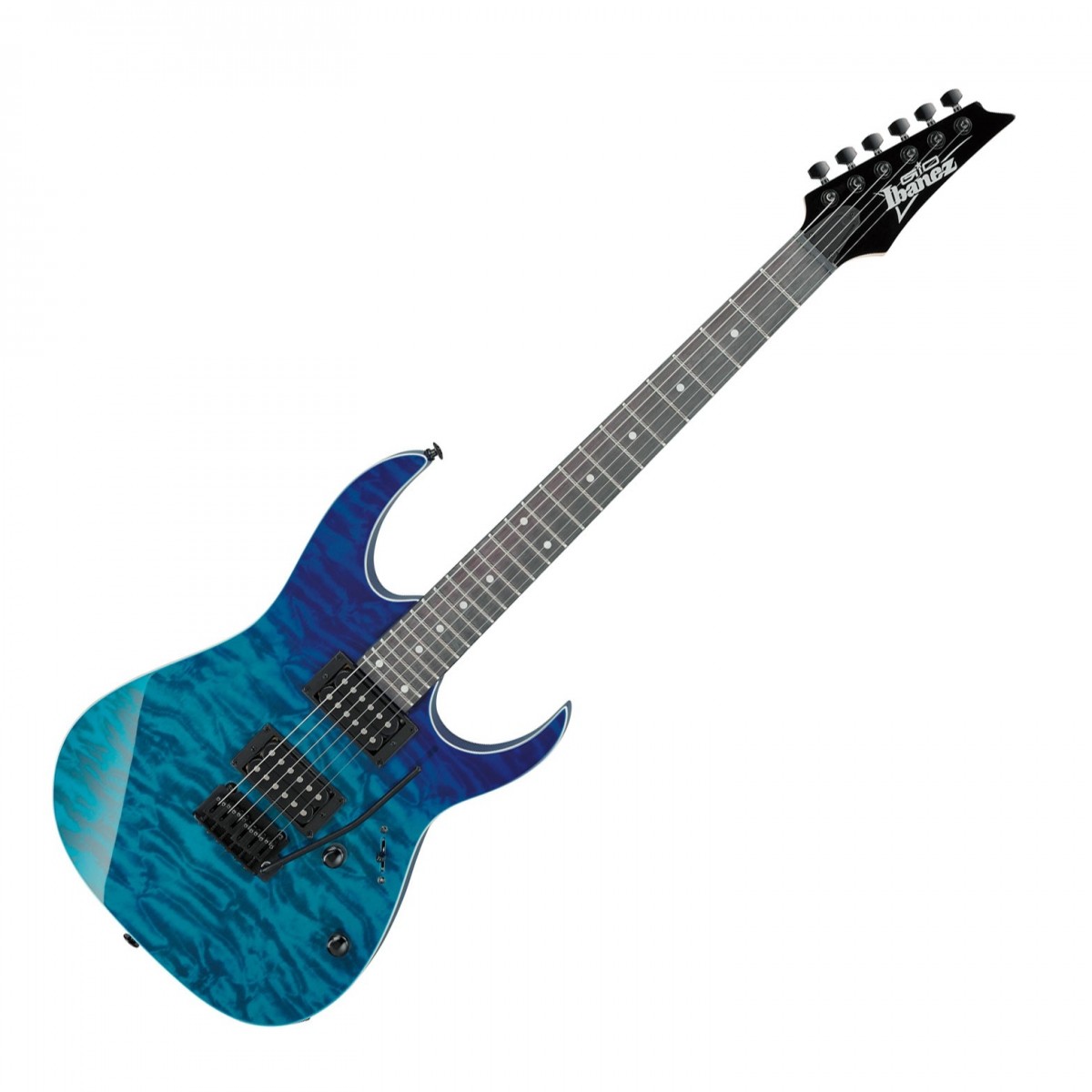 En bild på Ibanez GRG120QASP Gio Series Blue Gradation | Ibanez GRG120QASP-BGD är utrustad med allt du behöver för att spela med stil och finess. Oavsett om du är nybörjare eller avancerad gitarrist finns det något för alla i detta instrument som är både prisvärt och fullmatat med kvalitetsfunktioner.   Infinity R-pickuperna är idealiska för överdrivna smutsiga toner och är särskilt lämpade för tyngre musik som rock och metal. De erbjuder tonvis av övertoner och en tjock köttig ton de kommer att uttrycka allt med kraft och grusighet. Och T102 tremolosystem är perfekt för att injicera dina riffs och ackord med spännande vibrato och äventyrliga divebomber. När du väl börjar spela den här skönheten kommer du inte att vilja lägga ifrån dig den.