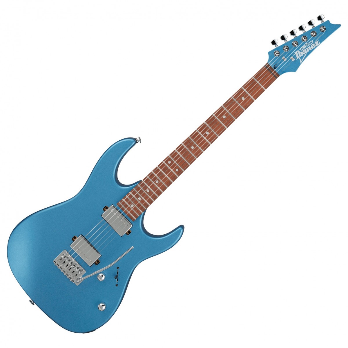 En bild på Ibanez GRX120SP Metallic Light Blue Matte | Ibanez GRX120SP är en elegant gitarr som visar den rena kvaliteten som Ibanez är känt för. Med två Infinity R humbuckers levererar den ett suveränt kraftfullt ljud med ett fantastiskt dynamiskt omfång. Det spelar ingen roll hur tungt du spelar varje ton kommer att bäras med skarp artikulation. T106 tremolo-stallet tillåter härliga tonhöjdsböjningar och orörd intonation.   Kroppen är tillverkad av poppel och klarar att spela allt. Det gör även jatoba greppbrädan och lönnhalsen. GRX-halsen är både stark bekväm och utsökt utformad vilket gör att du kan spela utan ansträngning. Det är en beroendeframkallande spelupplevelse kombinerat med överlägset Ibanez ljud. Och allt väntar på dig.