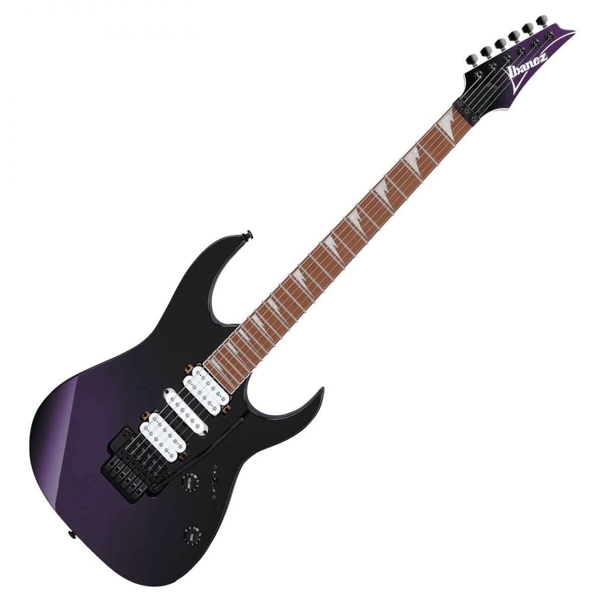 En bild på Ibanez RG470DX-TMN Tokyo Midnight | Ibanez RG470DX är en premiumgitarr till ett överkomligt pris. Den har en vacker finish och sharktooth-inlägg som gör att den står i rampljuset på alla scener. Dessutom har den Ibanez:s berömda Wizard III-halsprofil som är känd för sin tunna och platta form - perfekt för supersnabbt riffande. Banden i jumbostorlek ger smidiga strängböjningar och en snabb notrörelse medan greppbrädans 400 mm radie gör det enkelt att byta grepp chord.  Gitarrens meranti-kropp ger en sötma och fyllig sustain till dina toner vilket kompletterar den accelererade basresponsen hos Quantum H-S-H-pickuperna. Dessa är perfekta för att spåra snabba staccato-riff med förkrossande mellanregister och exakt artikulation i de övre tonerna förutom att de ger ett fantastiskt spektrum av toner att välja mellan. Slutligen bidrar Edge-Zero II-tremolostalln till ökad spelkomfort och stud lock-funktion för stabil stämning. Om du letar efter ett högpresterande instrument som inte kostar skjortan är RG470DX den gitarr du behöver!