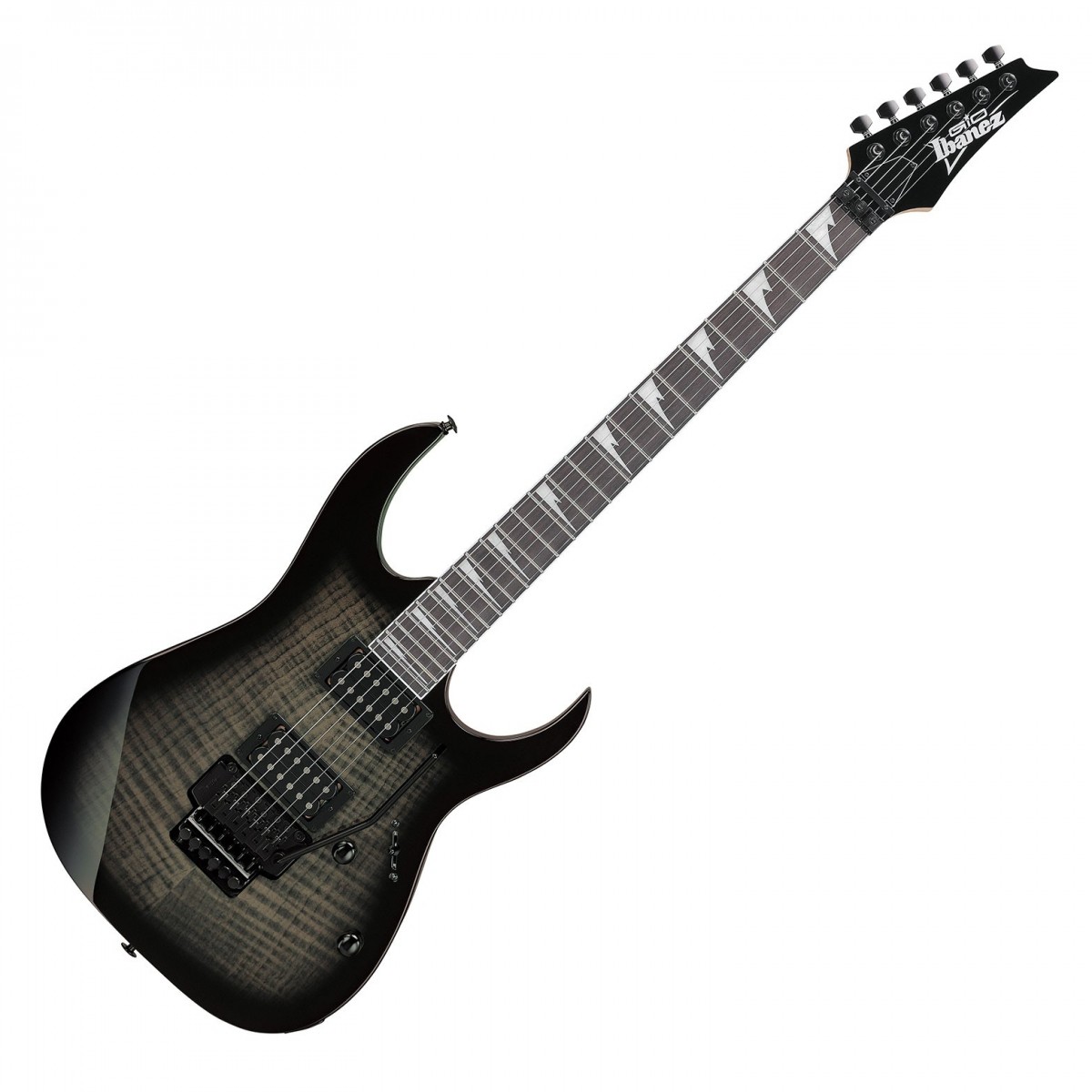 En bild på Ibanez GRG320FA-TKS Transparent Black Sunburst | Ibanez GRG320FA-TBS GIO är mer än bara en estetiskt tilltalande elgitarr - den är ett bevis på Ibanez:s engagemang för kvalitet och prestanda. Klädd i en fantastisk färg Transparent Black Sunburst färg är detta solid-body instrument en förkroppsligande av funktionalitet som möter prisvärdhet. Flamed Maple Art Grain-toppen och Poplar-kroppen bidrar till en välbalanserad tjock ton som kompletteras väl av den ljusa tonkaraktären hos lönnhalsen och den fylliga greppbrädan i Purpleheart. Dessutom säkerställer Infinity R H-H-pickuperna utmärkt dynamik och tonklarhet även i tunga miljöer.  GRG320FA-TBS GIO apart har dessutom innovativa funktioner. Det dubbellåsande tremolot är utformat för aggressiv användning på scen och bibehåller gitarrens stämning oklanderligt. En unik egenskap hos denna modell är mono-unit-utgångskontakten som är en solid del som är utformad för att motstå oönskade rörelser och lossning. Detta garanterar långsiktig spelglädje med minimalt underhåll. Med GRG320FA-TBS GIO lovar Ibanez en gitarr som levererar på alla fronter.