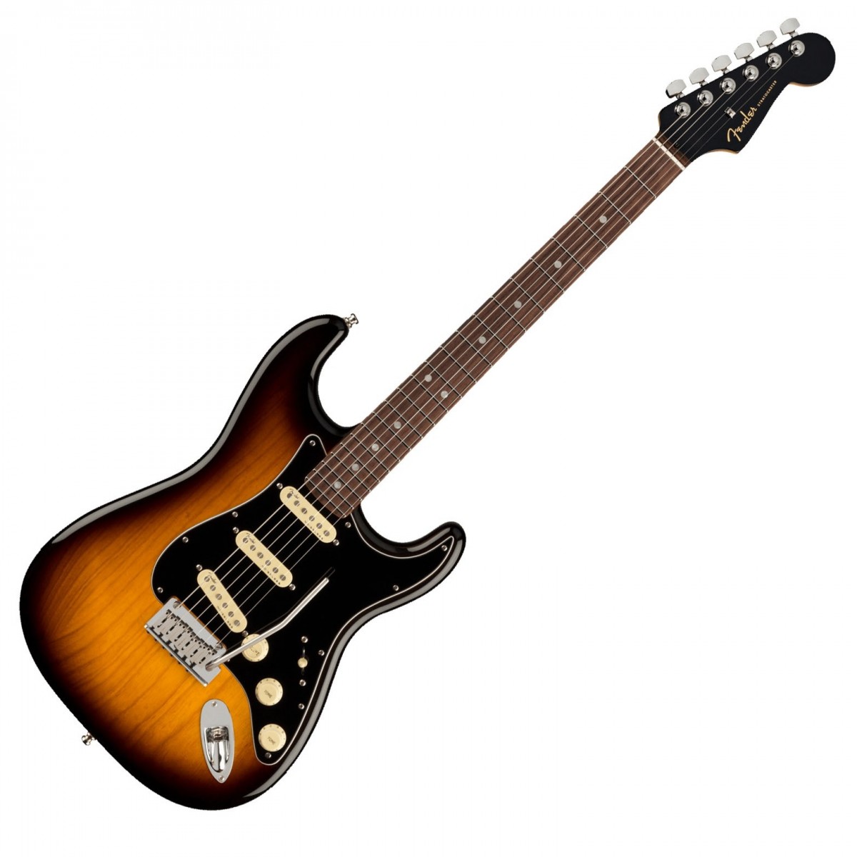 En bild på Fender American Ultra Luxe Stratocaster RW 2-Tone Sunburst | Din väg till extremt höga prestanda. Fender American Ultra Luxe Stratocaster RW är nästa steg i Fenders moderna design. Detta är Fenders mest avancerade gitarrserie så här långt. Absolut varje egenskap hos denna gitarr sjuder ut med ett förstklassigt ljud en fin känsla och perfekt prestanda ...   De tre Ultra Noiseless single-coil pickuperna ger denna Ultra Series Stratocaster den ikoniska vintage-ton du längtar efter med högsta klarhet. Den banbrytande Ultra "C" -formade lönnhalsen gör att du bekvämt och fritt kan spela varje riff utan att något håller dig tillbaka. Den släta greppbrädan i rosenträ och de rullade banden låter dig verkligen uppleva den högkvalitativa behandlingen. Det förstklassiga svajstallet ger dig en chans att skapa vilda ljud och spela fritt vilket betyder att denna Ultra Luxe Strat omfattar alla egenskaper som bidrog att ge Fender ett monumentalt rykte. Men den här gången är gitarren utrustad för modernt spelande.