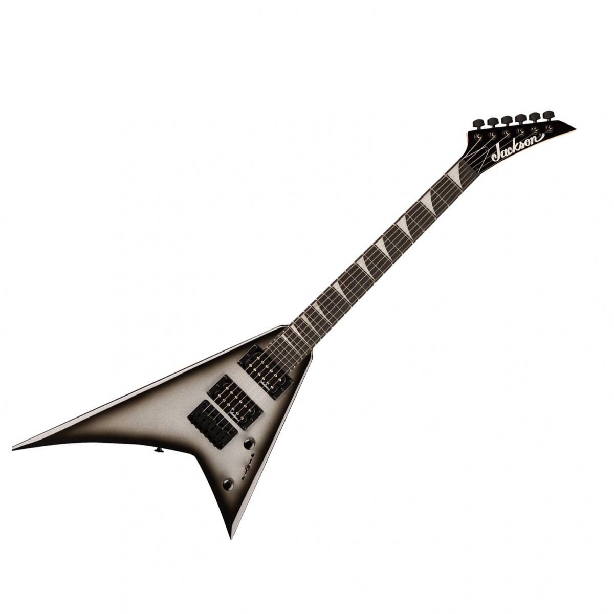 En bild på Jackson JS Series Rhoads Minion JS1X Amaranth Fingerboard Silver Burst | Jackson JS Series Rhoads Minion JS1X är perfekt för unga shredders och erfarna musiker som behöver en bärbar gitarr med många funktioner. Med en kompakt skalalängd på 225 tum är den här gitarren lätt att hantera utan att göra avkall på ljudkvaliteten. Kroppen i poppel och den bultade lönnhalsen med grafitförstärkning ger hållbarhet och stabilitet. Den 12 tum långa greppbrädan i lönn med 24 jumbo-Bandar ger snabb och bekväm spelbarhet. Utrustad med högpresterande Jackson humbucking-pickuper och en string-through-body hardtail-stolpe levererar den här gitarren kraftfulla toner och pålitlig prestanda. Den slående Silverburst -finishen gör att du sticker ut på vilken scen som helst.