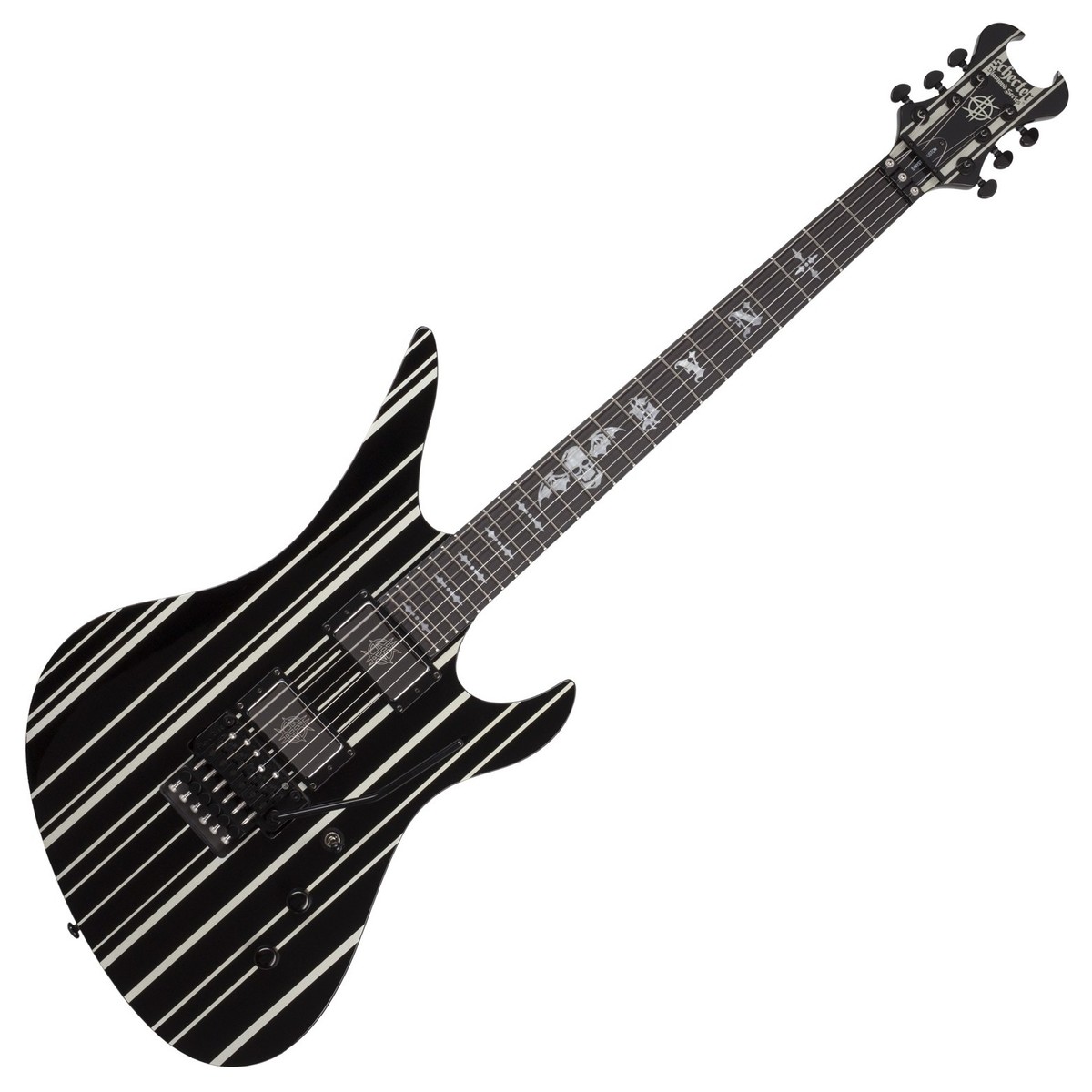 En bild på Schecter Synyster Custom Gloss Black m/ Silver Pin Stripes | Schecter Synyster Custom Gitarren har Synyster Gates ikoniska form och design toppad i en sofistikerad glanssvart med fantastiska silverband och svart hårdvara. Schecter Gitarr är utrustad med en uppsättning Synysters signature humbuckers konstruerade med keramiska magneter för en otroligt het produkt och ger mycket tydlighet definition och kraft. Dess kropp är skapad av högkvalitativ mahogny ger gitarr en söt varm karaktär för att skapa snäva basåtergivning och tilltalande toppar. Den mahognyhals och ebenholtsgreppbräda ger gitarren en snabb attack och slät sustain medan den ultratunna C-profilen ger en snabb prestanda och ett bekvämt spel. Toppad med en Floyd Rose tremolo för att skapa otroliga pitch shifting effekter är Schecter Synyster Custom det perfekta valet för fans och lämpar sig för erfarna spelare.