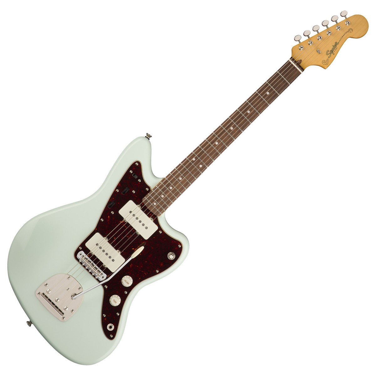 En bild på Squier Classic Vibe 60s Jazzmaster LRL Sonic Blue | En slående hyllning till den ikoniska Fender favorit Jazzmaster-ton. Squire Classic Vibe 60s Jazzmaster har dubbla Fender-designed alnico enkelspole pickuper som ger nyanser och bett som Fender Jazzmaster gitarrdesign är känd för. Den smala och bekväma C-formade halsprofilen på Squire Classic Vibe 60s Jazzmaster som är idealisk för de som spelar med tummen på baksidan eller sidan av halsen vilket ger full komfort och spelförmåga. Squire Classic Vibe 60s Jazzmaster har ett tremolosystem i vintageformad stil som är perfekt för uttrycksfulla strängböjningseffekter lämpliga i olika musikstilar. Från en vintage-färgton glans hals finish för ett mycket önskvärt åldern utseende till 1960-talet inspirerade dubbdocka markeringar Squire Classic Vibe 60 Jazzmaster ger fantastiska gamla skolan estetik.