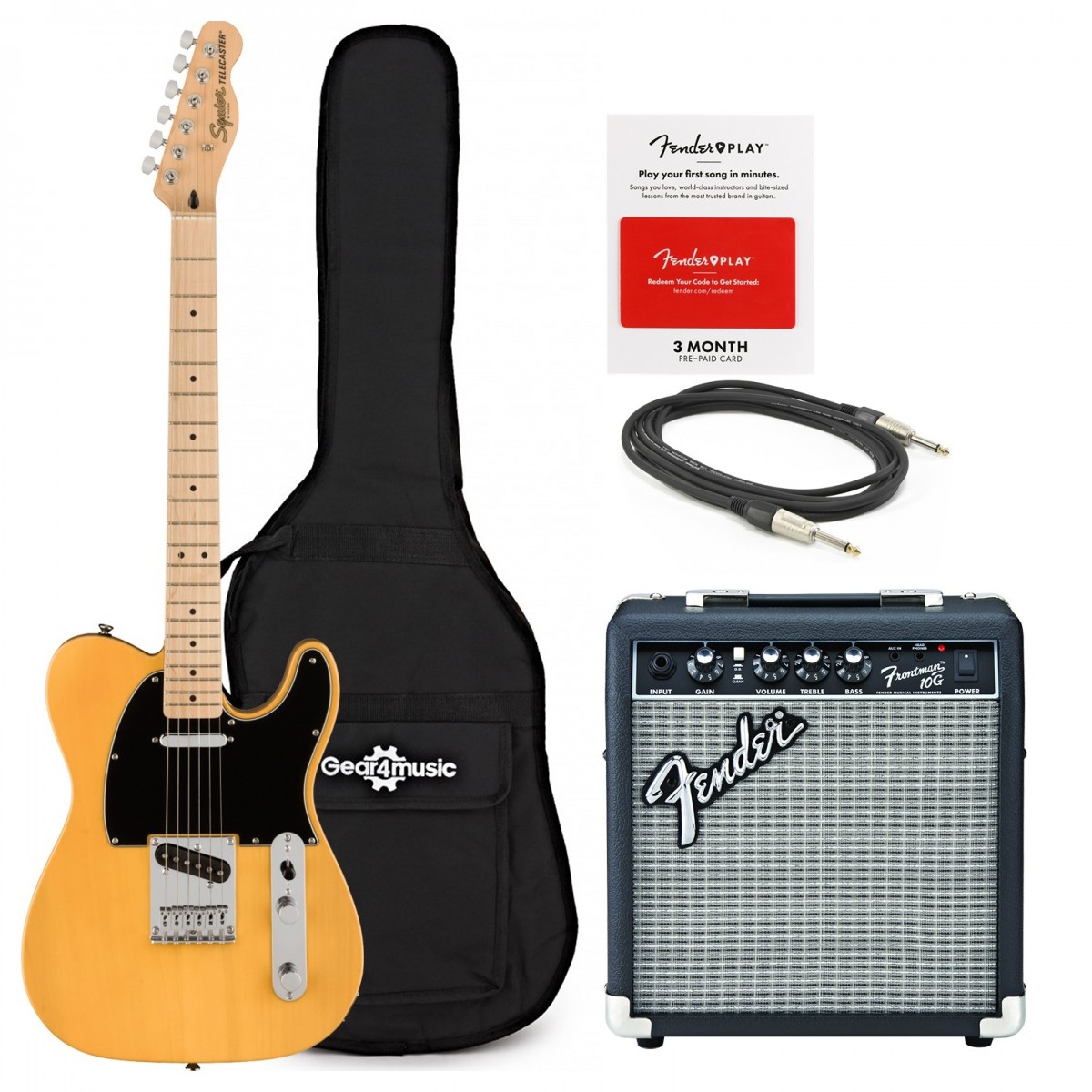 En bild på Squier Affinity Telecaster Paket med gratis 3 månaders Fender Play | Squier Affinity Telecaster Paket med 3 månaders gratis Fender Play är din chans att skräddarsy ditt perfekta Squier Telecaster paket som ger dig all utrustning du behöver för att komma igång. Och dessutom får du tre månaders Fender Play-undervisning på köpet! Affinity Tele har en C-formad hals sex-sadel-stall och förseglade gjutna stämskruvar för att säkerställa att du låter exakt under varje framträdande. Det är den eftertraktade Tele-auran och den är mer tillgänglig än någonsin tidigare.  Uttryck dig med brännande tonal smak utsökt dynamik och pure Telecaster personlighet. All denna charmiga ljudkarisma kommer från minutiös kunskap och dubbla Squier enkelspoliga Tele-pickuper. Och du har trevägskoppling för att utforska ännu fler tonala möjligheter. Det betyder att oavsett genre eller musikstil kan du ta med dig Telecaster -vibbarna till den. Detta är korsningen där ikonisk Tele-twang och exceptionellt värde möts.