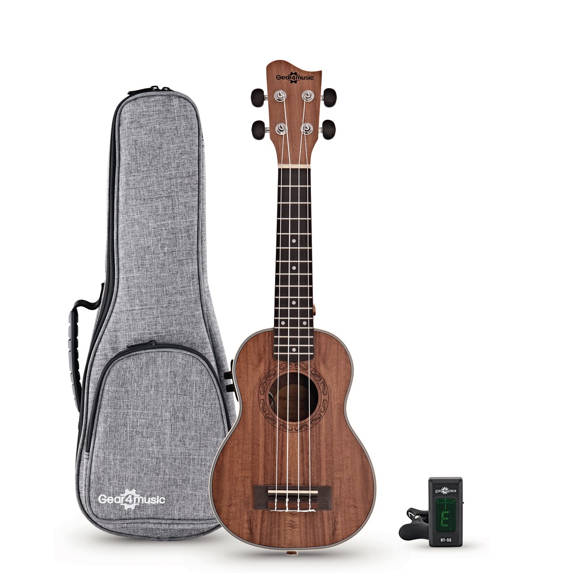 En bild på Koa Semiakustisk Sopranoukulele från Gear4music Paket | Kul och glad. Börja din musikaliska resa med klassisk ukulele-charm. Koa Semiakustiska sopranoukulelepaketet från Gear4music är perfekt för att utforska ukelelens spännande värld. Det fängslande instrumentets karaktär bekväma behagliga spelkänsla och överkomliga priser gör instrumentet helt perfekt för nybörjare. Om du däremot är på mellannivå och vill ha ett prisvärt instrument med en traditionell ton så har du funnit svaret på dina önskningar. Traditionell autentisk omedelbart igenkännbar. Tre egenskaper som verkligen beskriver sopranoukulelen. Och tack vare instrumentets koa-konstruktion erbjuder den semiakustiska sopranoukulelen ett skarpt livligt härligt ljud med välkända Hawaiianska särdrag. Kolla in den traditionella ukulele-charmen och dess förtrollande mjuka värme - samtidigt. Sopranoukulelen är perfekt för nybörjare eller för din småtting. Ukulelen har en smidig och bekväm känsla med Aquila Nylgut-strängar. Och om du ser dig själv i rampljuset är den semiakustiska ukulelen också perfekt för att finslipa dina färdigheter då du uppträder på scenen... Kliv upp på scenen. Med den medföljande premium-väskan och den kromatiska stämapparaten som passar bra på huvudet är du redo att uppträda var som helst. Dela din musik utan att instrumentets intonation skulle påverkas. När du är klar med ditt uppträdande packa Koa-sopranoukulelen säkert in i premium-väskan och gå vidare till nästa spelning. Börja din resa i ukulelens spännande värld