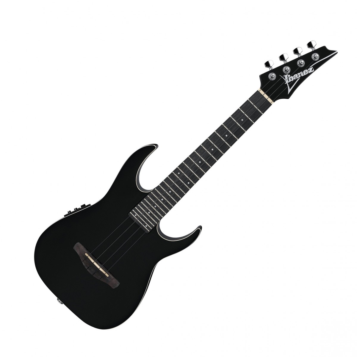 En bild på Ibanez URGT100 Ukulele Black High Gloss | Ibanez URGT100 ukulele är unik i sitt slag. Denna skönhet är en fantastisk korsning mellan en ukulele och en klassisk Ibanez RG. Den har till och med 24 band - något som är mycket sällsynt på dessa instrument. Ryggen och sidorna i Okoume hjälper till att generera en saligt varm ton medan toppen av gran ger gott om slagkraftighet och projektion.   På halsen hittar du perfekt spelbarhet i överflöd oavsett vilken position du spelar i. Den dubbla cutaway-formen gör att du kan nå de övre banden med total lätthet medan C-profilen naturligt passar i din hand. Och det finns en förstklassig Ibanez AEQ-2UT förförstärkare installerad som låter dig ansluta till en förstärkare och blåsa upp din volym till monstruösa nivåer. Den innehåller också en praktisk stämapparat för att hålla varje sträng i schack. Du kommer att skapa fantastiska melodier på nolltid.