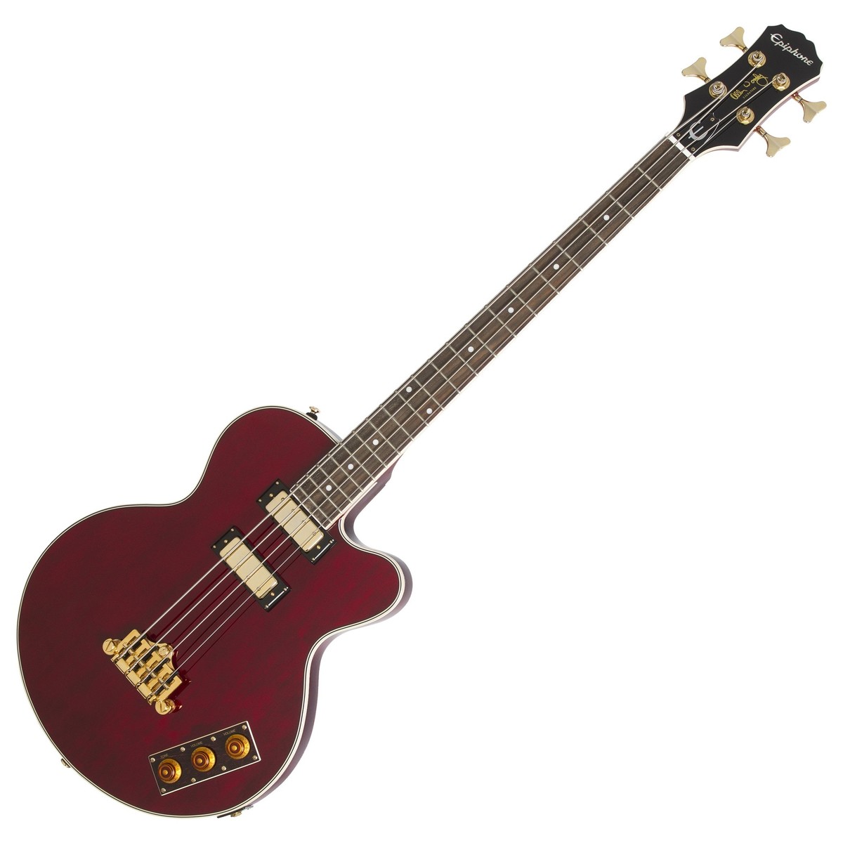 En bild på Epiphone Allen Woody Rumblekatbas Wine Red | Epiphone Allen Woody Rumblekatbas Wine Red är en signaturgitarr som designad och använd av den avlidna stora Allen Woody innan sin död 1999. Kroppen är tillverkad av kamrad mahogny som ger en varm full-rundad ton med massor av resonans och sustain. Set-in halsen är också gjord av mahogny för ökad värme och rikedom och det är ihopkopplad med en rosenträgreppbräda som ger vacker artikulation. Allen Woody Rumblekat är laddad med ett par NYT Mini Humbuckers som producerar ljusa och fokuserad tonalitet som spinner och morrar i sann Woody stil. Kontroller inbyggd den Allen Woody Rumblekat inkluderar en volymknopp för varje pickup och en masterton som alla är toppade i guld och satt på en märkt sköldpaddsstil platta. Epiphone signatur Allen Woody har en rik Wine Red finish och en kraftfull rockljud som bär Allens arv.