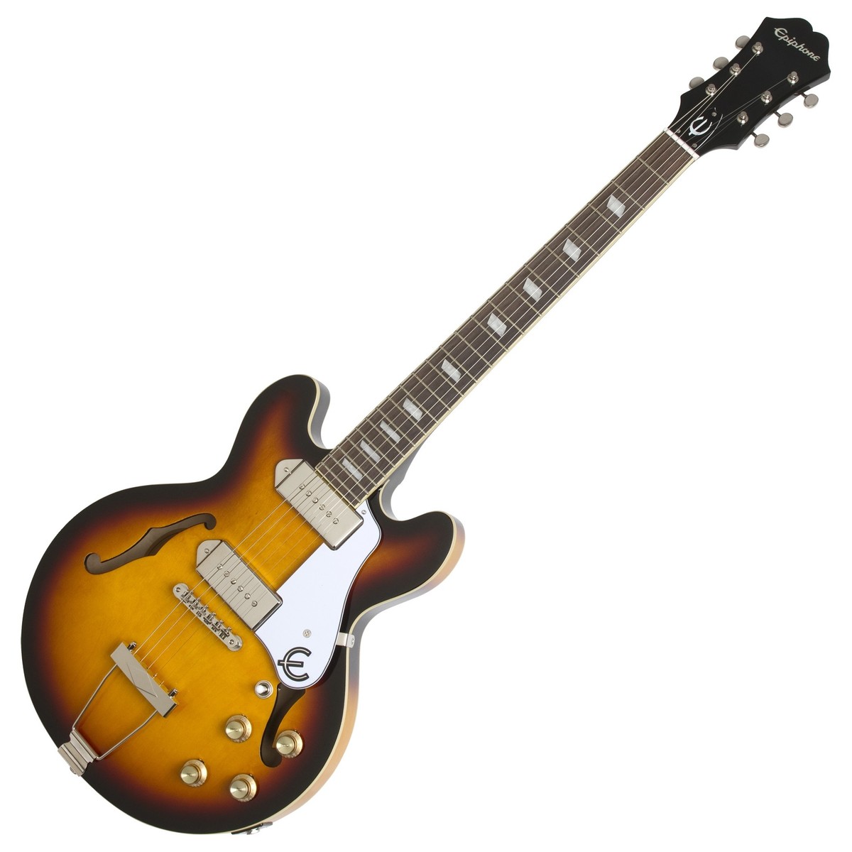 En bild på Epiphone Casino Coupe Vintage Sunburst | Epiphone Casino Coupe Vintage Sunburst innehåller den populära signatur-funktioner i hollow-body Casino till en mindre storlek. Samtidigt som man behåller det legendariska archtop-ljudet erbjuder Casino Coupe enklare transport mellan spelningar med dess ES-339 kropp. Epiphone Casino Coupes hals tillverkad av mahogny för ett djupt fylligt ljud och det är ihopkopplade med en varm rosenträgreppbräda för förbättrad artikulation. Med en 5-lagers laminerad lönnkropp Casino Coupe Vintage Sunburst ger en exceptionellt ljusa ton med mycket snäpp och twang. Par Epiphone P90 pickups projekterar ikonisk ton och producerar ett full-rundade kraftfullt ljud som är idealisk för klassisk rock. Den tillförlitliga hårdvara innehåller ett LockTone Tune-O-Matic stall och en Coupe-storlek Trapeze stränghållare samt Deluxe stämskruvar för stabil och bekymmersfri stämning. De klassiska attraktiva Casino Coupe funktionerna en Vintage Sunburst finish och en svart/vitt 3-skikt plektrumskydd att slutföra vintage-looken.