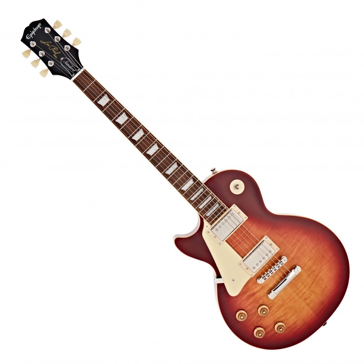 En bild på Epiphone Les Paul Standard 50s Left Handed Heritage Cherry Sunburst | Du är på god väg att ha en uppenbarelse. Egentligen är det denna Vänsterhänta Epiphone Les Paul Standard 50s men det kommer att bana dig vägen till storhet. Gitarren har inspirerats av Gibson Les Paul och erbjuder samma känsla och karaktär som den ikoniska och hyllade gitarren - men till ett mer lätt överkomligt pris. Epiphone Probucker 2 och Probucker 3 humbucker-mickarna på denna gitarr ger en utsökt och äkta vintage-ton - den kommer att blixtra på varje scen.   Och gitarren är riktigt lätt att spela också. Tack vare den rundade Medium C-halsen av mahogny kan du spela bekvämt och med övertygelse på denna 59. Gitarren är smidig och passar naturligtvis perfekt på din handflata: cutaway-kroppsformen ger lätt tillgång till de övre banden. LockTone ABR Tune-o-matic-stallet ger samtidigt för tajt stämning och en fantastisk finish vilket garanterar att denna gitarr får alla människor i publiken att le av glädje.