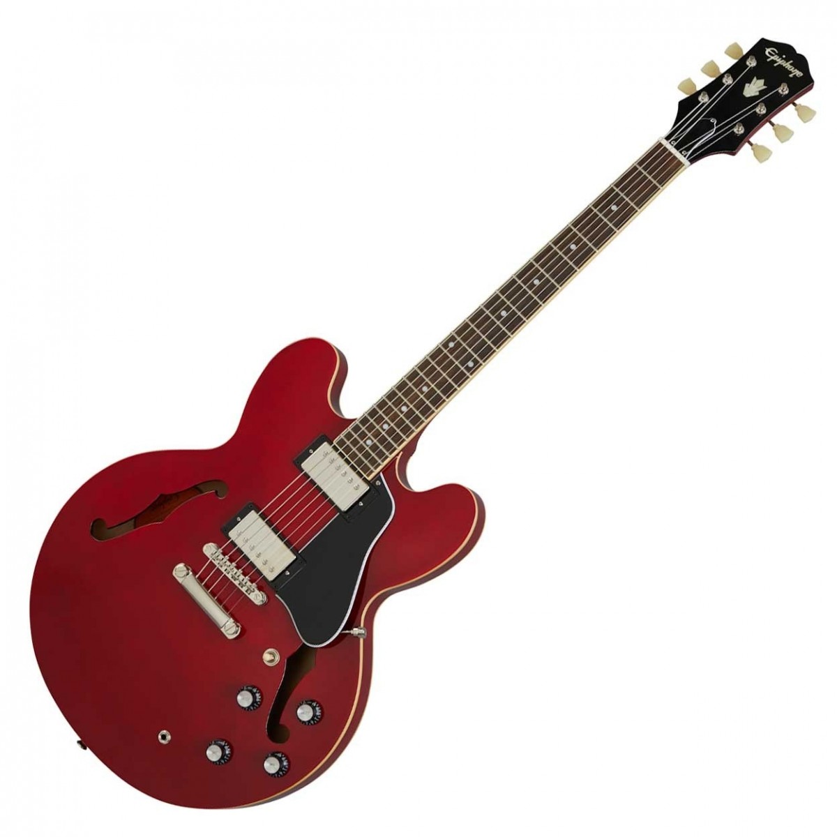 En bild på Epiphone ES-335 Cherry | Som en sonisk juvel. Epiphone ES-335 tar dina riff till en ny dimension med sin klassiska charm och klingande ståtliga ton. Ett par Alnico Classic PRO-humbuckers ger en hög effekt vilket får dina riff att låta fylliga och artikulerade samtidigt som de behåller den viktiga skärpan. Du kan också förvänta dig oändlig sustain och en enastående resonans Tack vare semi-hollow designen som hjälper solon att sjunga och ackord att ringa ut distinkt. Om en sak är säker så är det att du inte kommer att kunna lägga ner den här gitarren när du en gång hört hur fantastisk den.låter